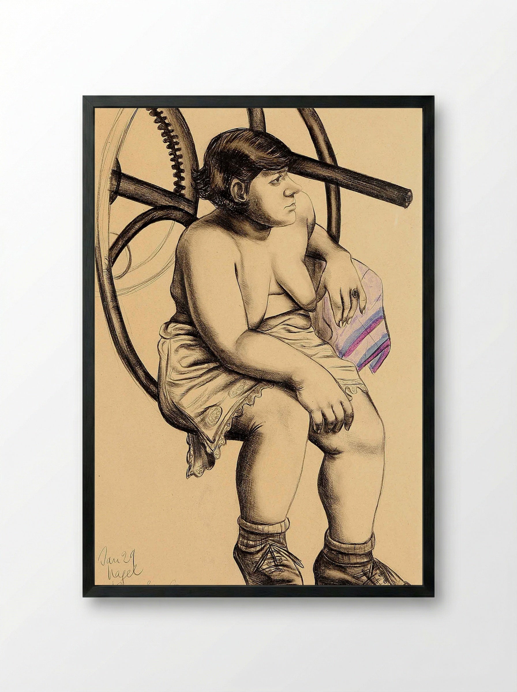 Untitled (Bare-Breasted Woman in Front of a Printing Press) - Hanna Nagel - Framed Print Black