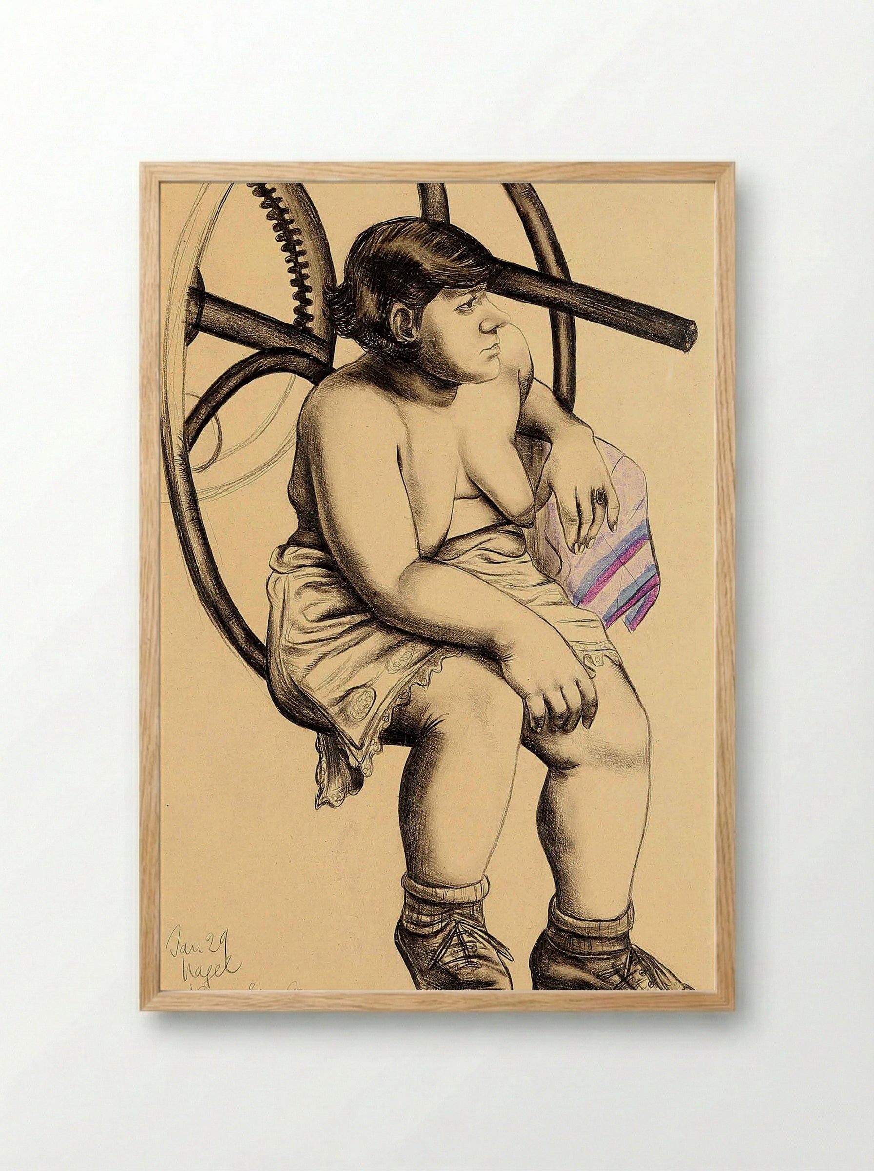 Untitled (Bare-Breasted Woman in Front of a Printing Press) - Hanna Nagel - Framed Print Wood