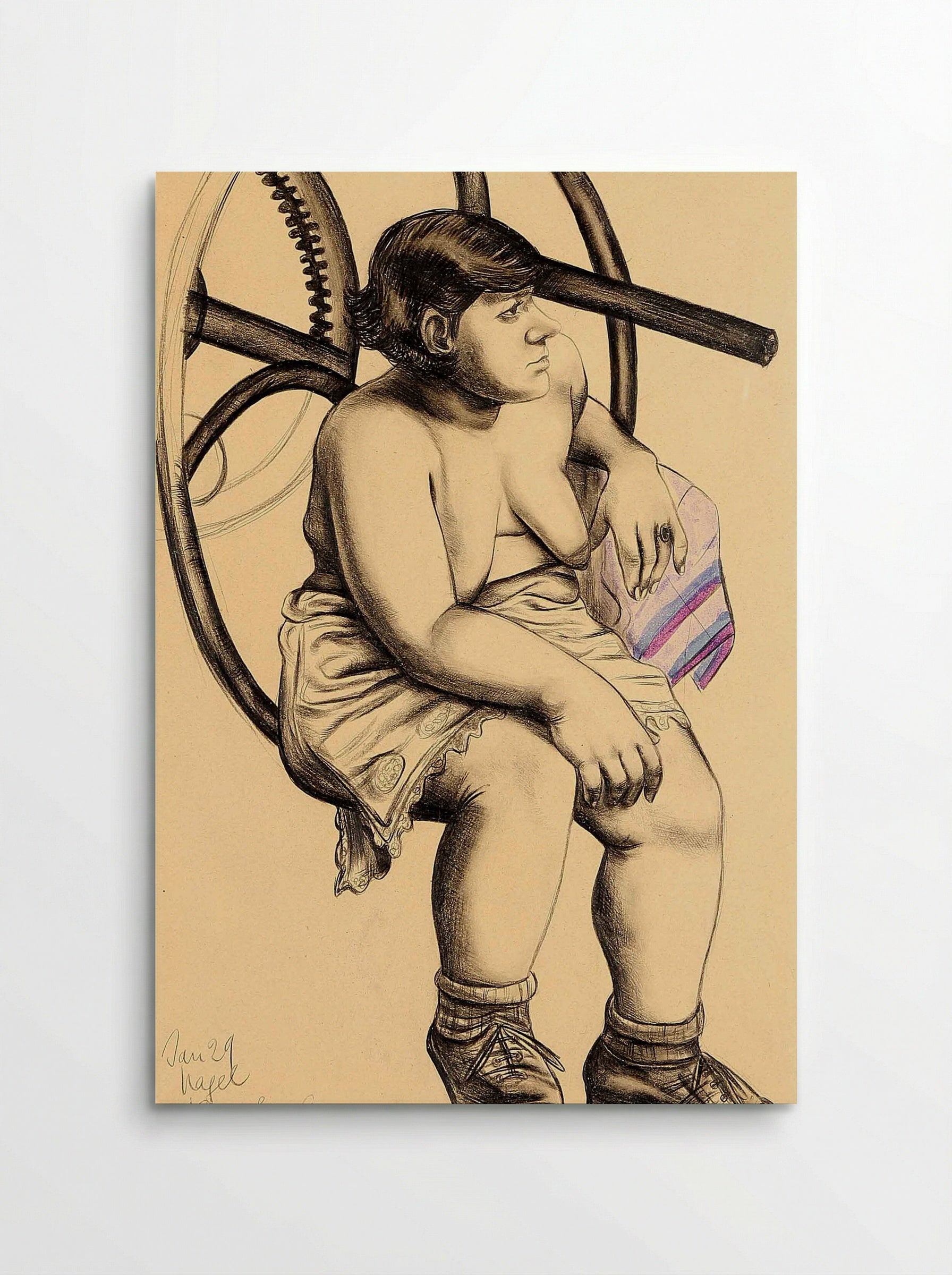 Untitled (Bare-Breasted Woman in Front of a Printing Press) - Hanna Nagel - Poster