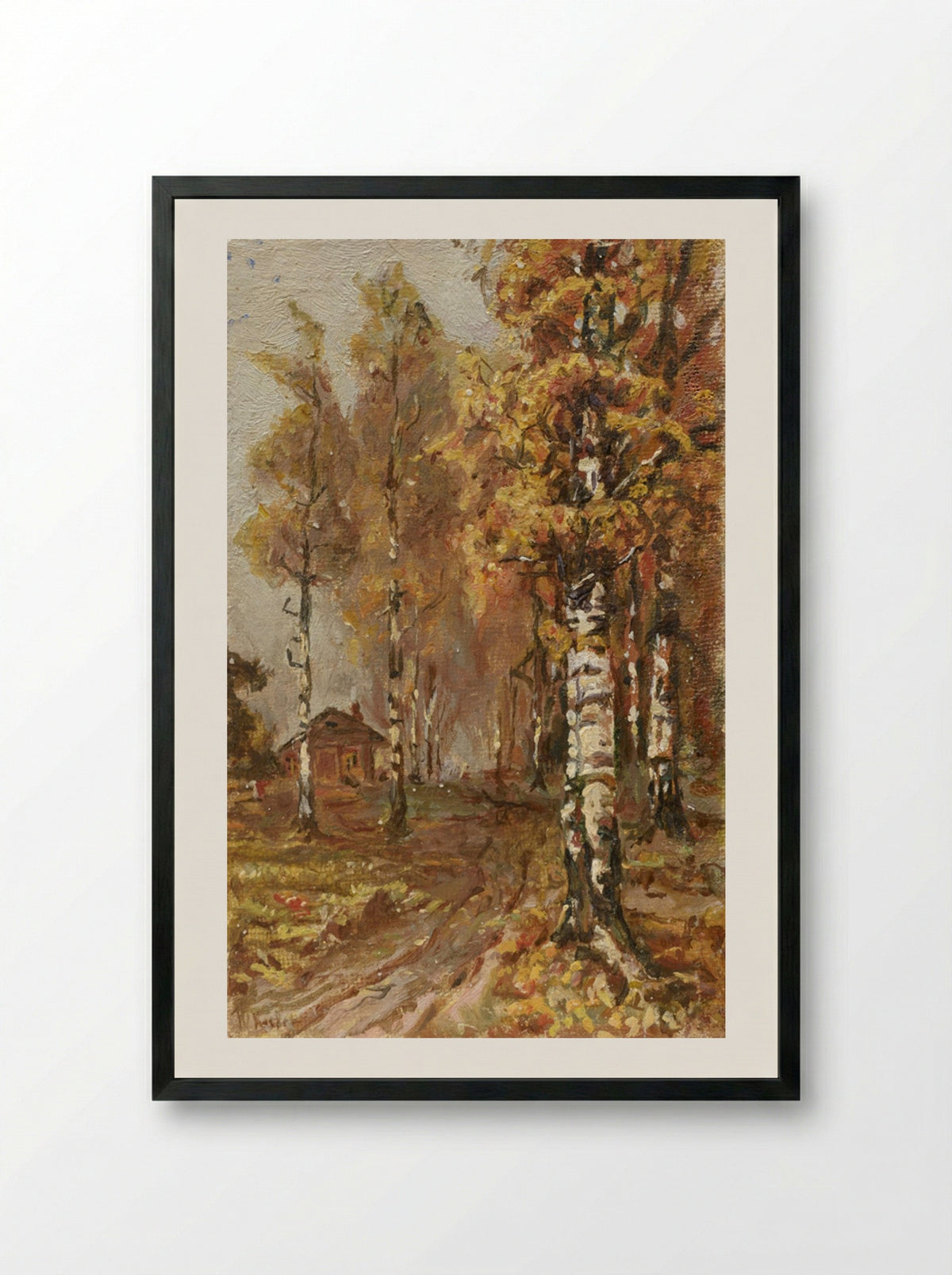 Untitled (Birch Forest with Cabin) - Julius Sergius von Klever - Framed Print Black