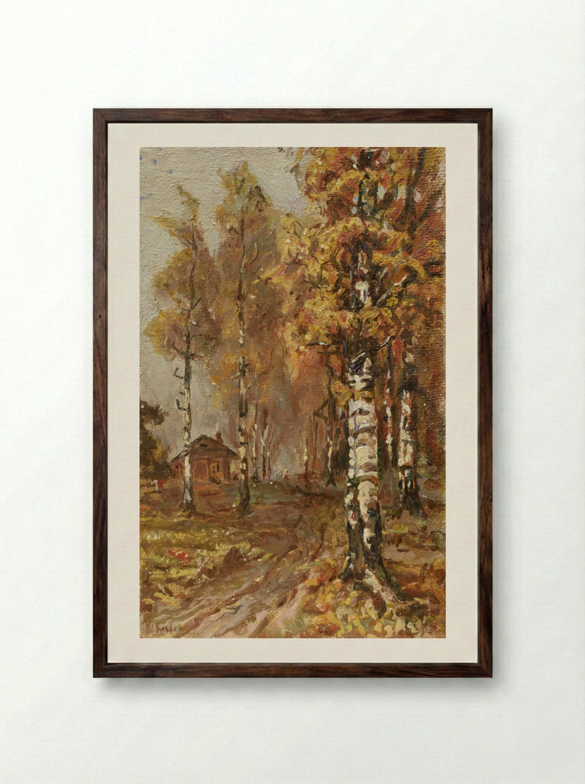 Untitled (Birch Forest with Cabin) - Julius Sergius von Klever - Framed Print Dark Wood