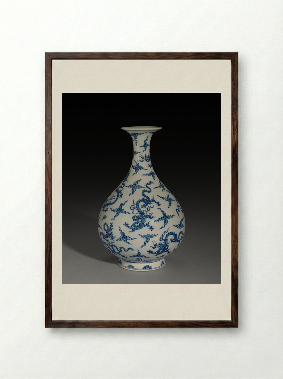 Untitled (Blue and White Dragon Vase) - Fine Art Print - Framed Print Dark Wood