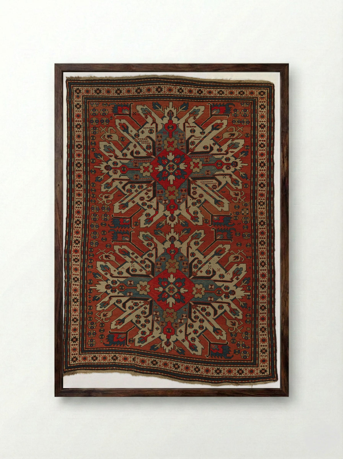 Untitled (Caucasian Carpet Design) - Unknown Artist - Framed Print Dark Wood