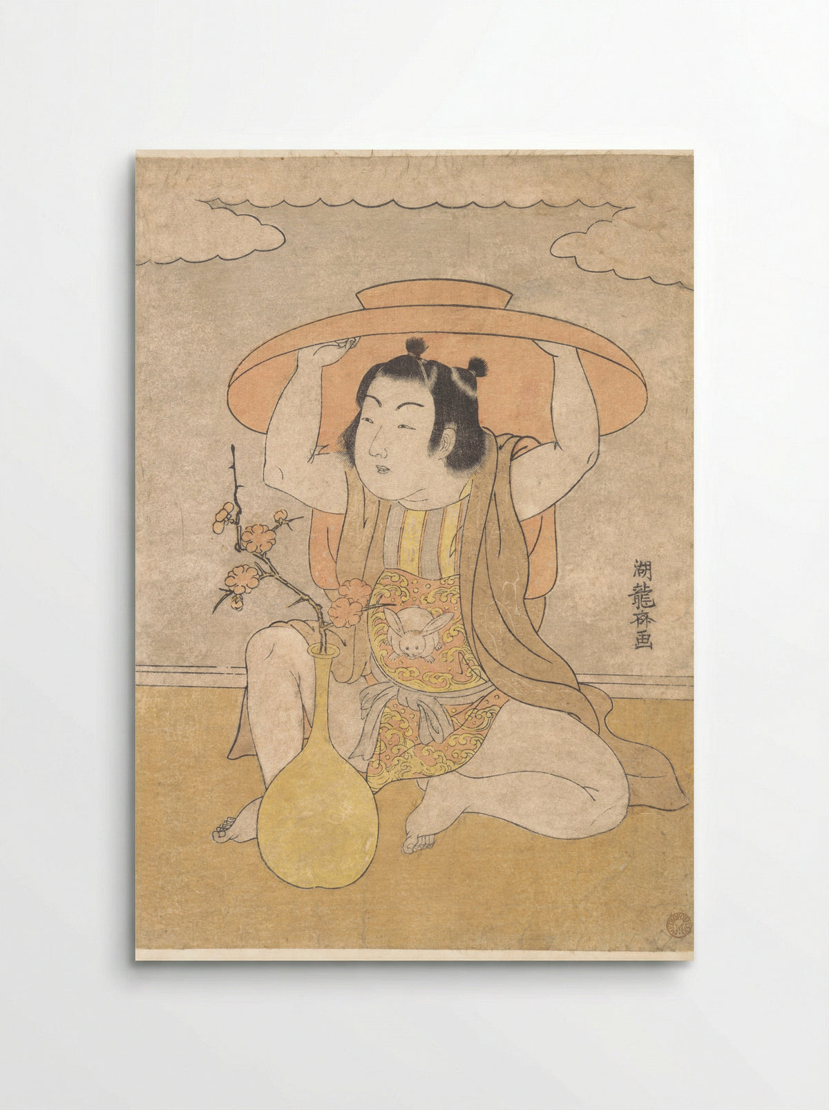 Untitled (Child with Large Hat and Plum Branch) - Isoda Koryūsai - Poster