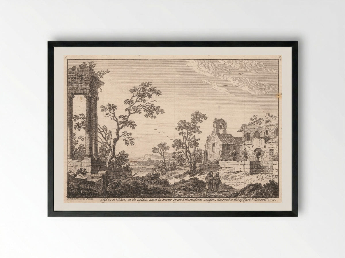 Untitled (Classical Ruins and Figures) - François Vivares - Framed Print Black