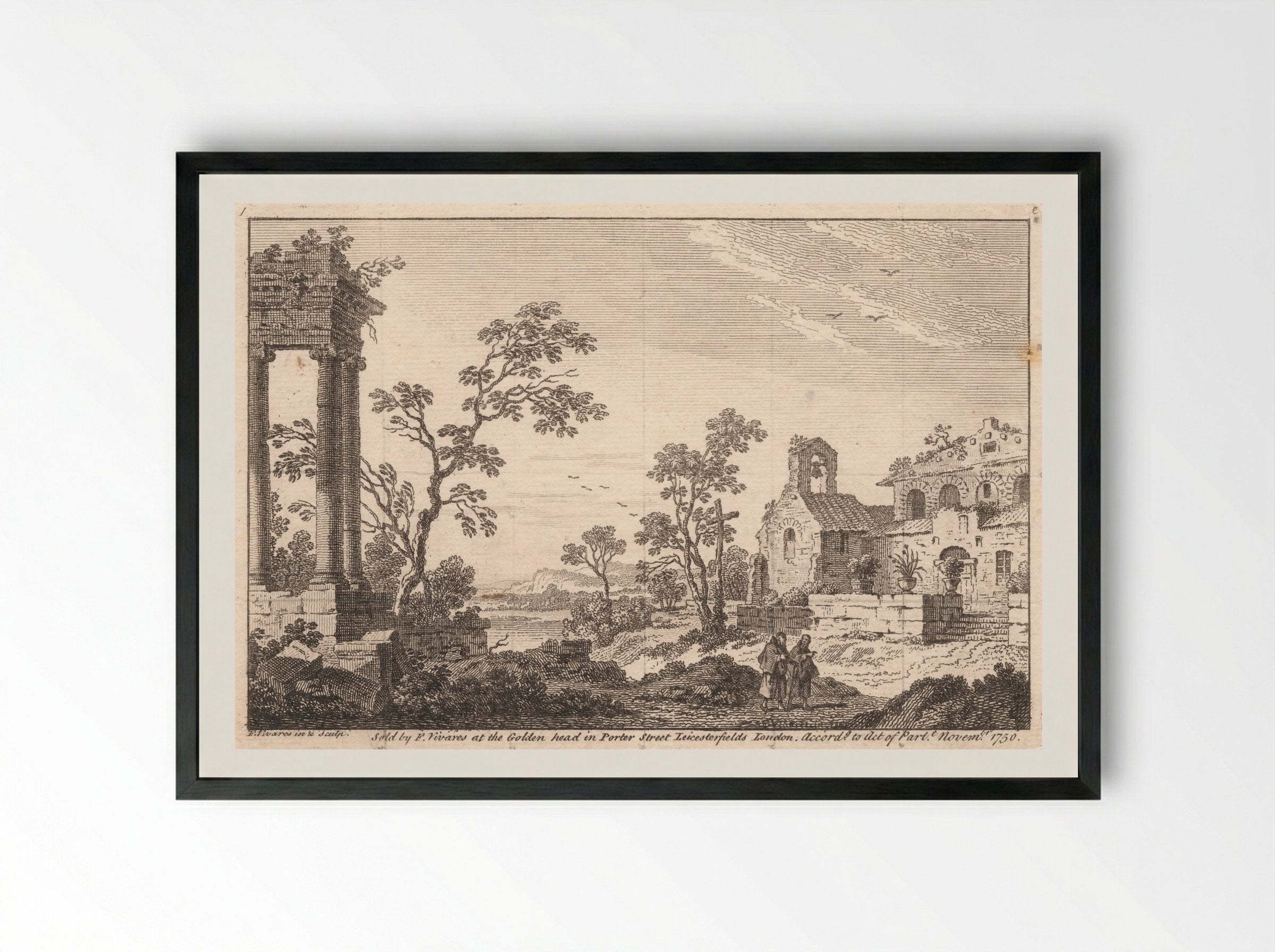 Untitled (Classical Ruins and Figures) - François Vivares - Framed Print Black