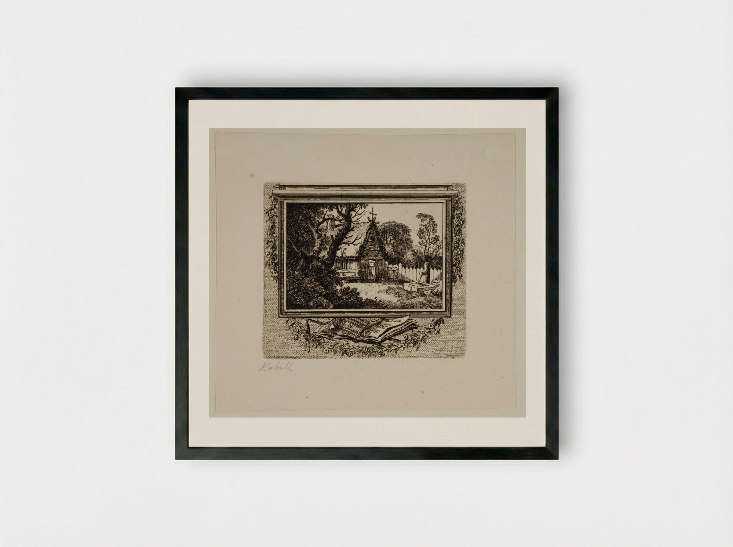 Untitled (Cottage with Well, Etching) - Ferdinand Kobell - Framed Print Black