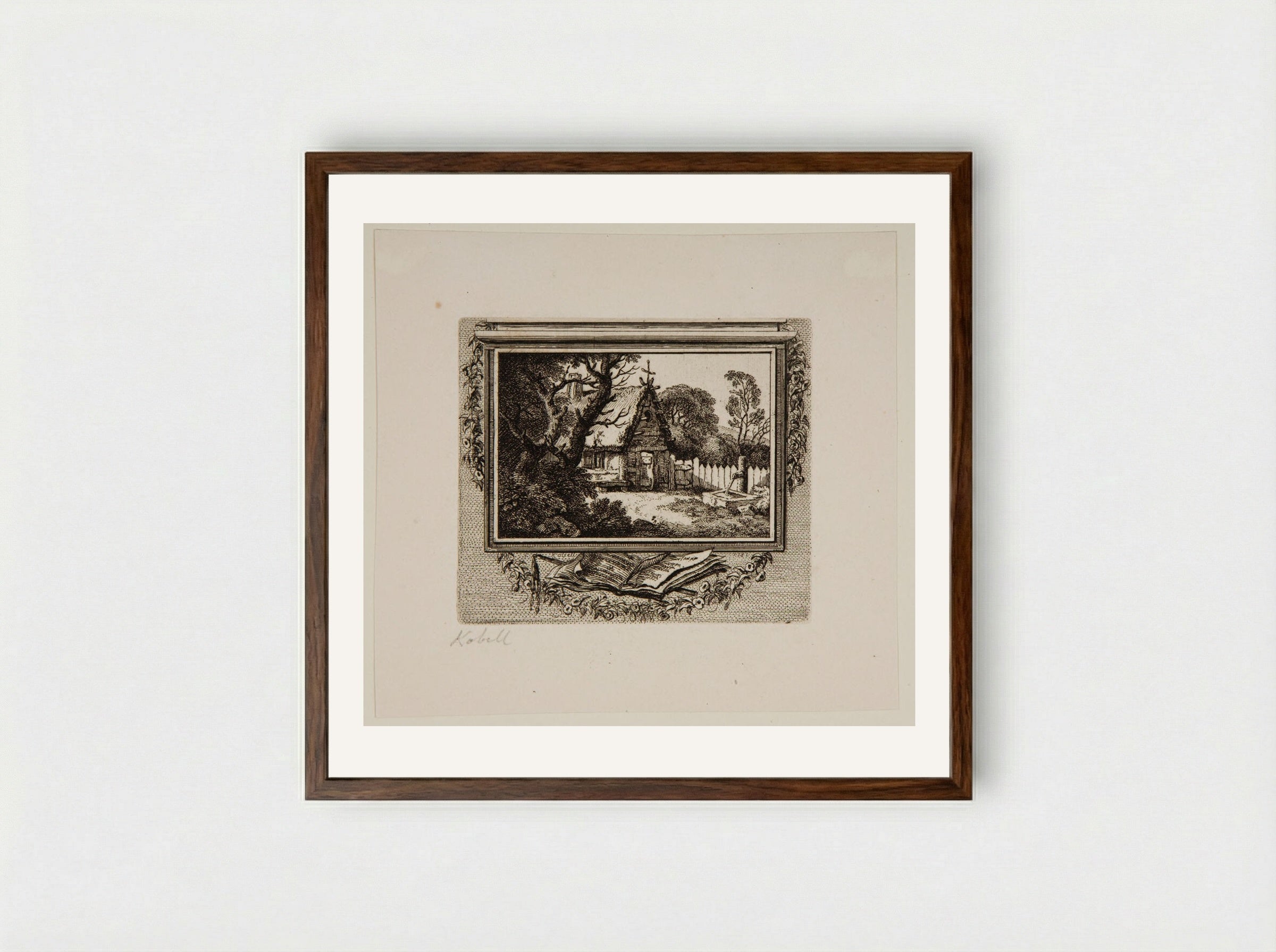 Untitled (Cottage with Well, Etching) - Ferdinand Kobell - Framed Print Dark Wood