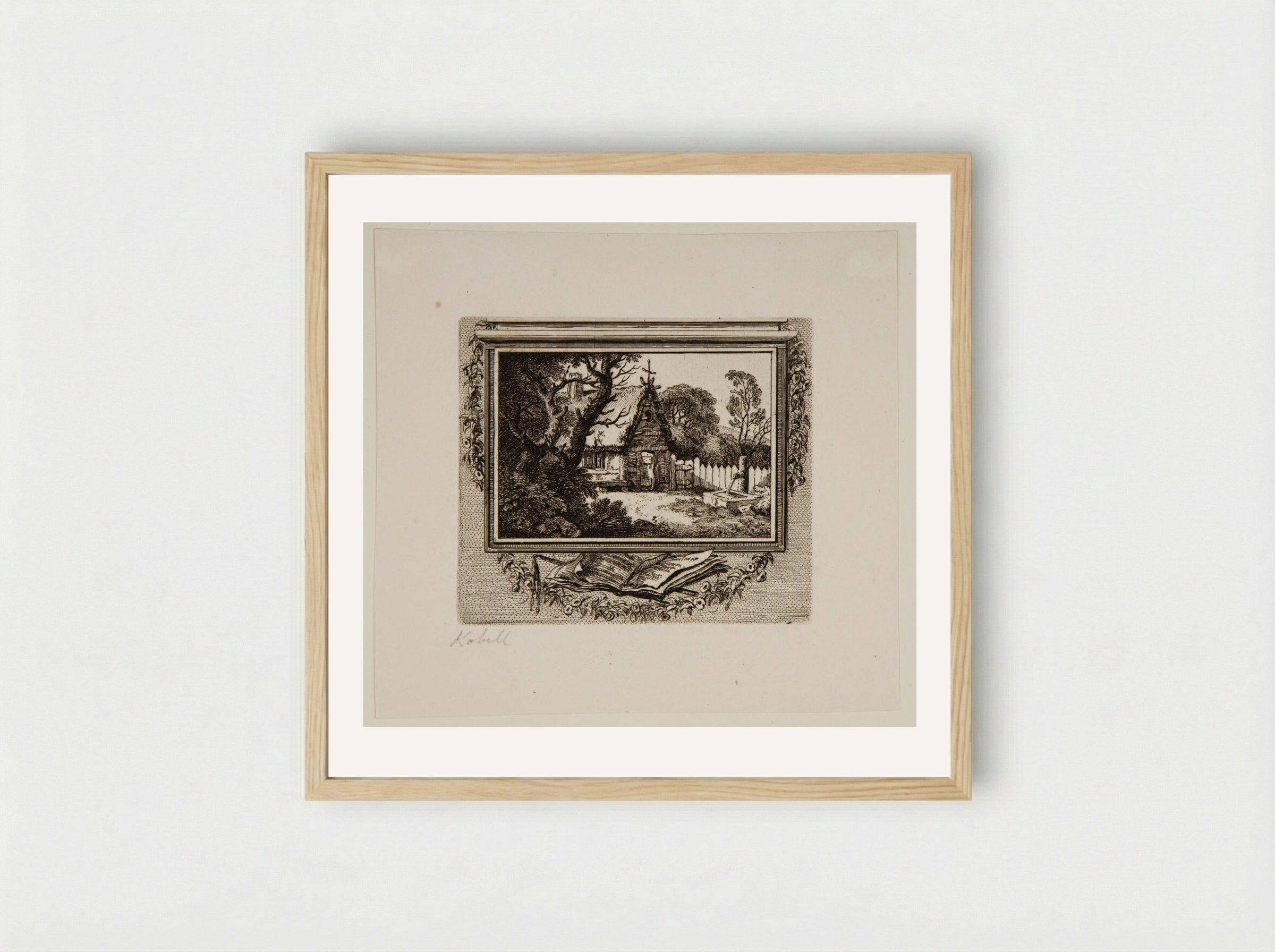 Untitled (Cottage with Well, Etching) - Ferdinand Kobell - Framed Print Wood