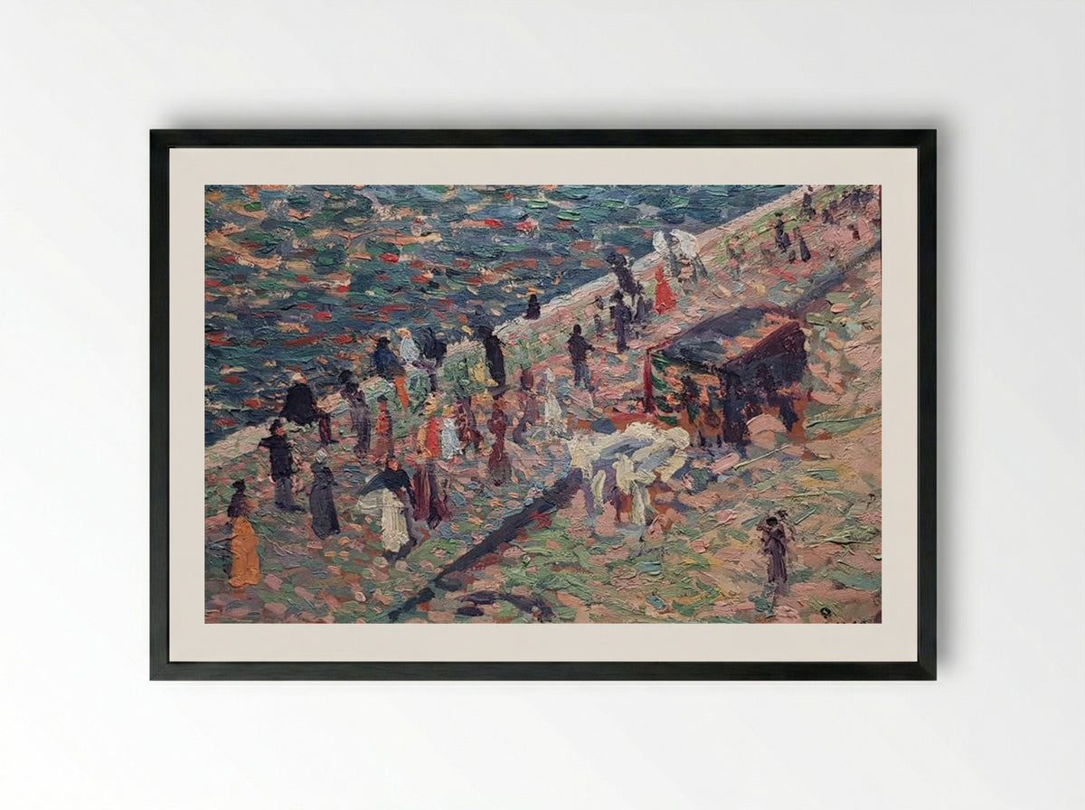 Untitled (Crowd by the Water, Oil on Card) - Maximilien Luce - Framed Print Black