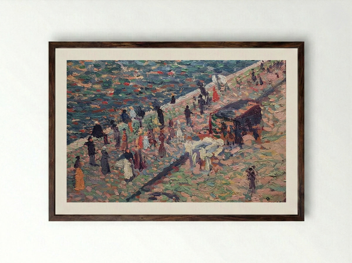Untitled (Crowd by the Water, Oil on Card) - Maximilien Luce - Framed Print Dark Wood