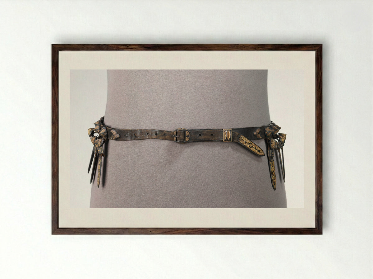 Untitled (Decorative Belt with Metal Mounts) - Fine Art Print - Framed Print Dark Wood