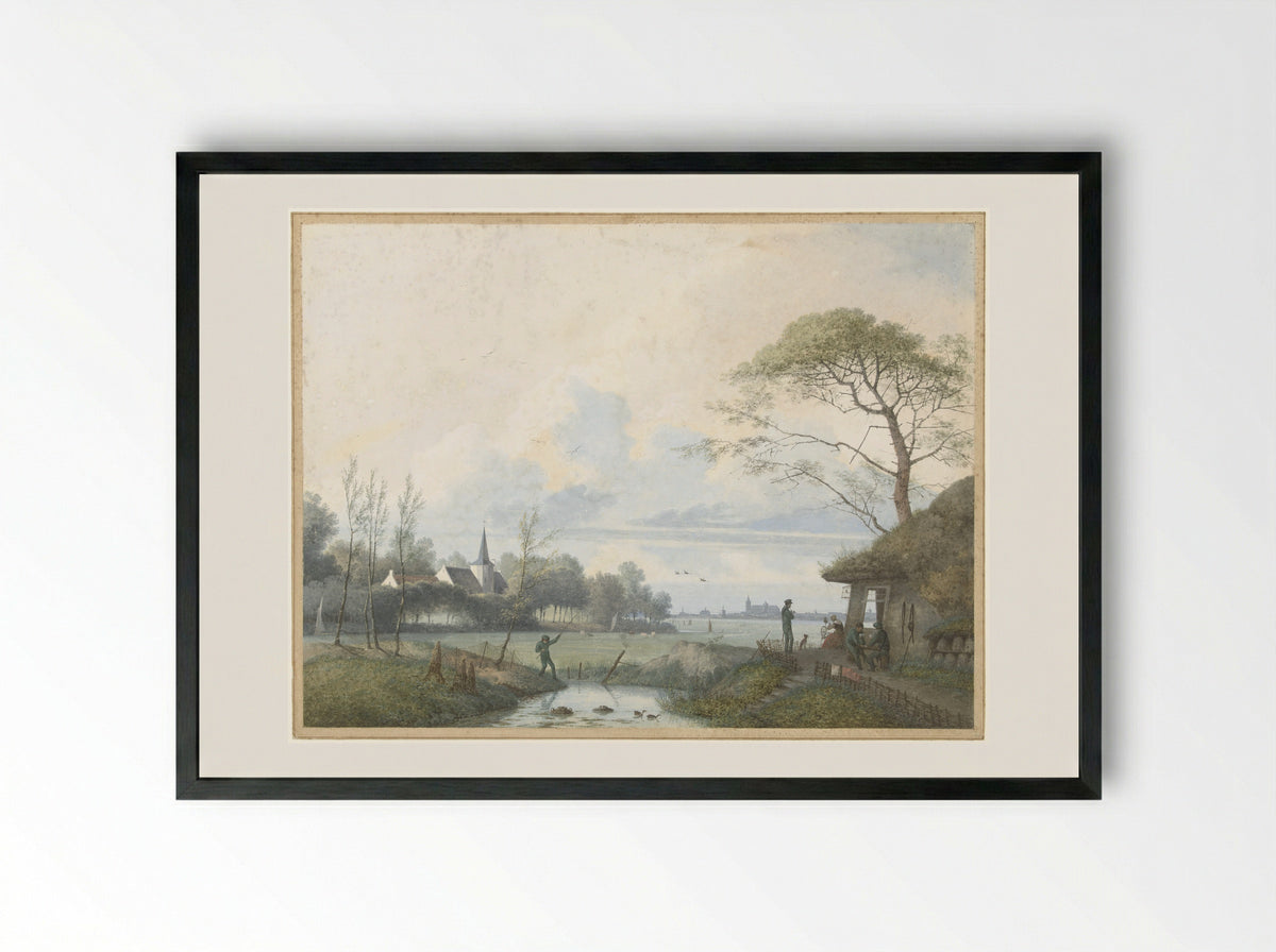 Untitled (Dutch River Scene with Figures) - Charles Edmé Saint-Marcel-Cabin - Framed Print Black