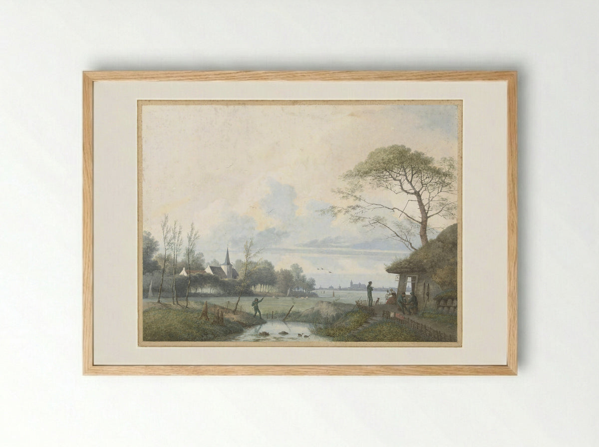 Untitled (Dutch River Scene with Figures) - Charles Edmé Saint-Marcel-Cabin - Framed Print Wood