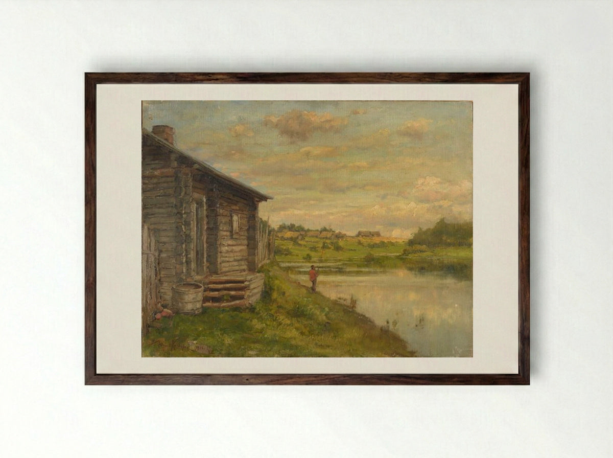 Untitled (Fisherman by a Log Cabin) - Julius Sergius von Klever - Framed Print Dark Wood