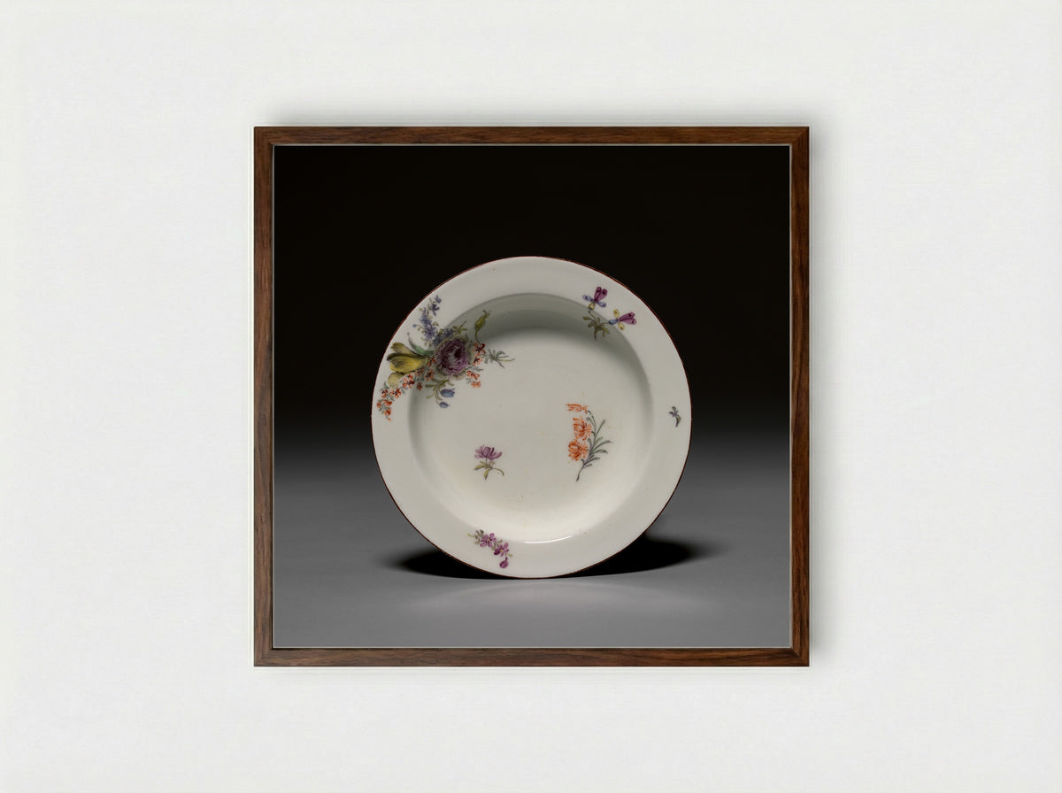 Untitled (Floral Painted Porcelain Dish) - Fine Art Print - Framed Print Dark Wood