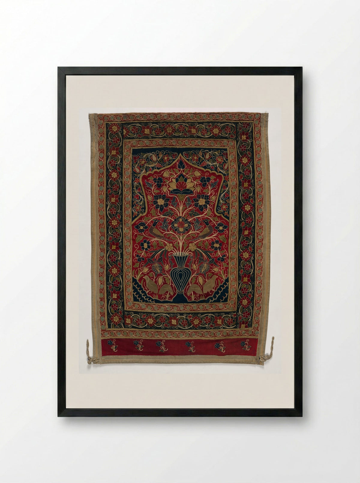 Untitled (Floral and Bird Panel, Embroidery on Cotton) - Fine Art Print - Framed Print Black