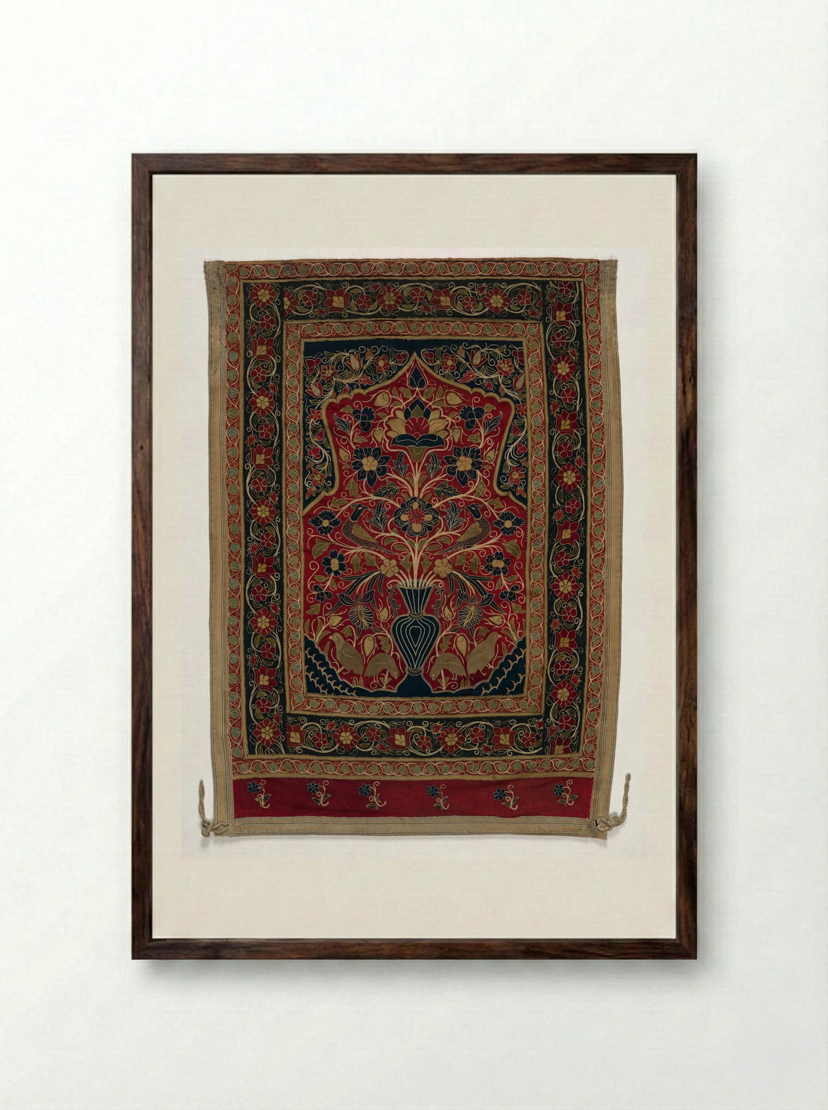 Untitled (Floral and Bird Panel, Embroidery on Cotton) - Fine Art Print - Framed Print Dark Wood
