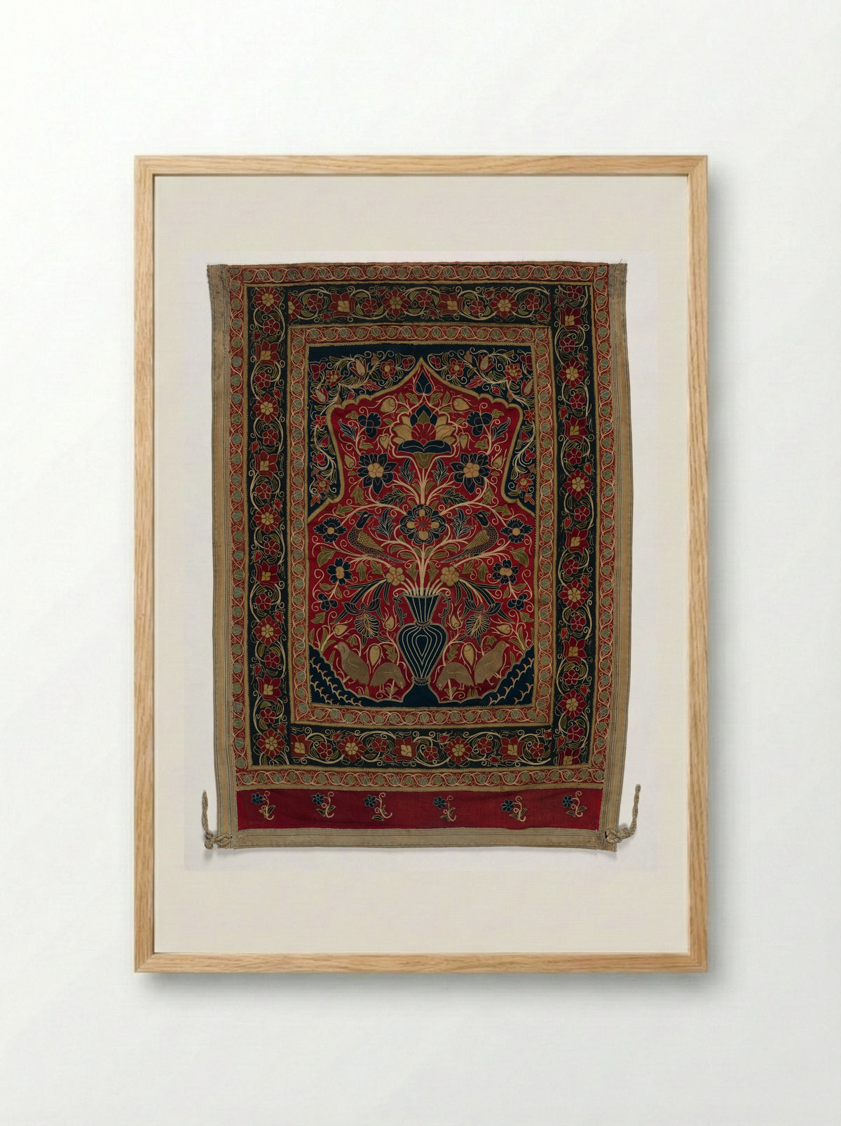 Untitled (Floral and Bird Panel, Embroidery on Cotton) - Fine Art Print - Framed Print Wood