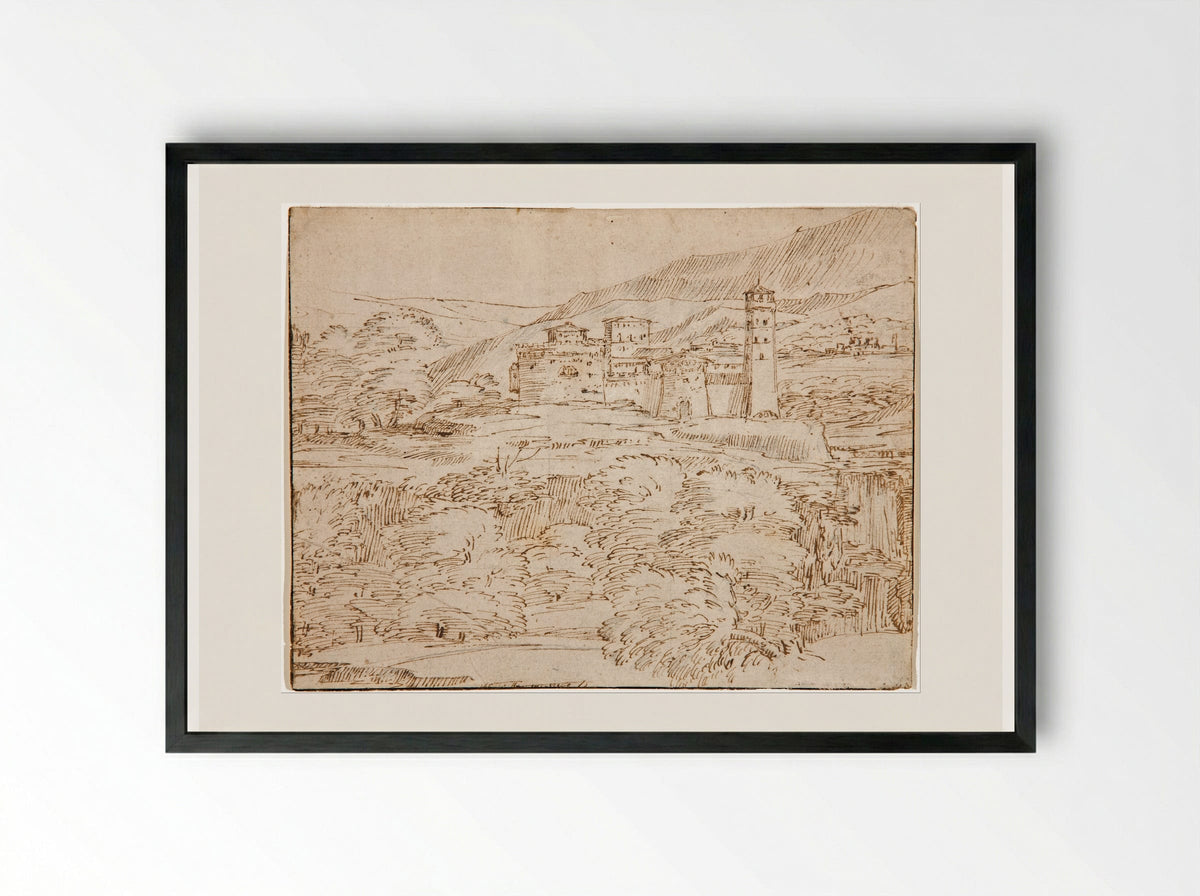 Untitled (Fortified Hillside Town) - Giovanni Francesco Grimaldi - Framed Print Black