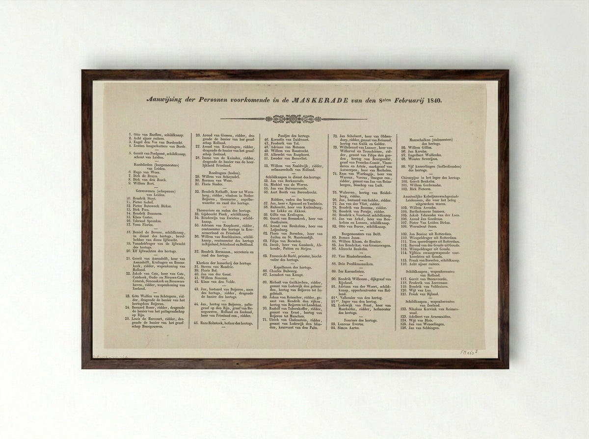 Untitled (List of Participants in the Maskerade, 1840) - H. Schreuder - Framed Print Dark Wood