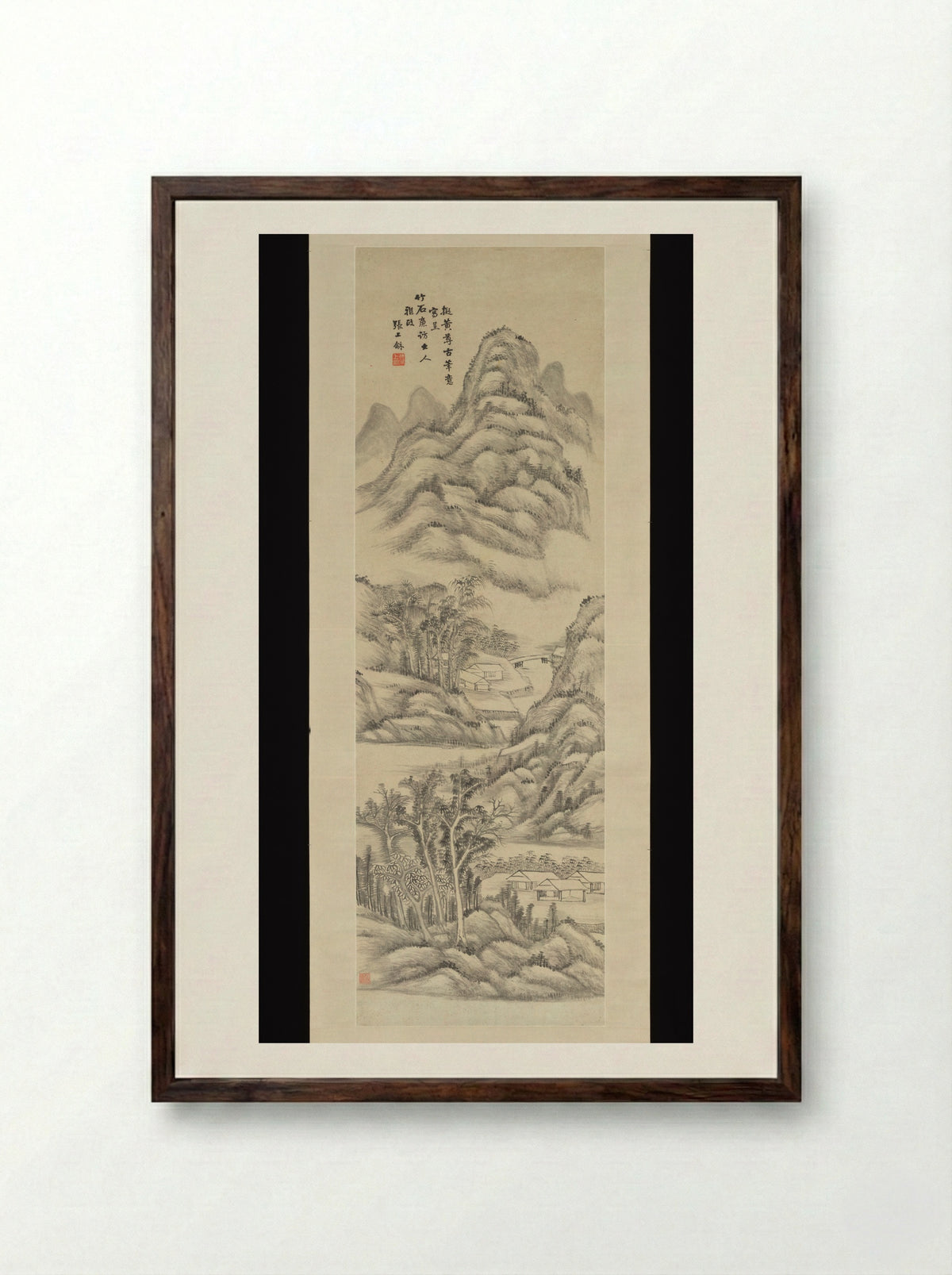 Untitled (Mountainous River Valley) - Zhang Shanghe - Framed Print Dark Wood