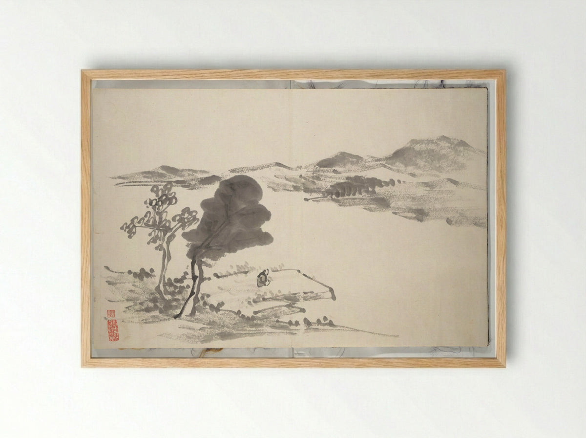 Untitled (Mountainous View with Figure) - Hine Taizan - Framed Print Wood
