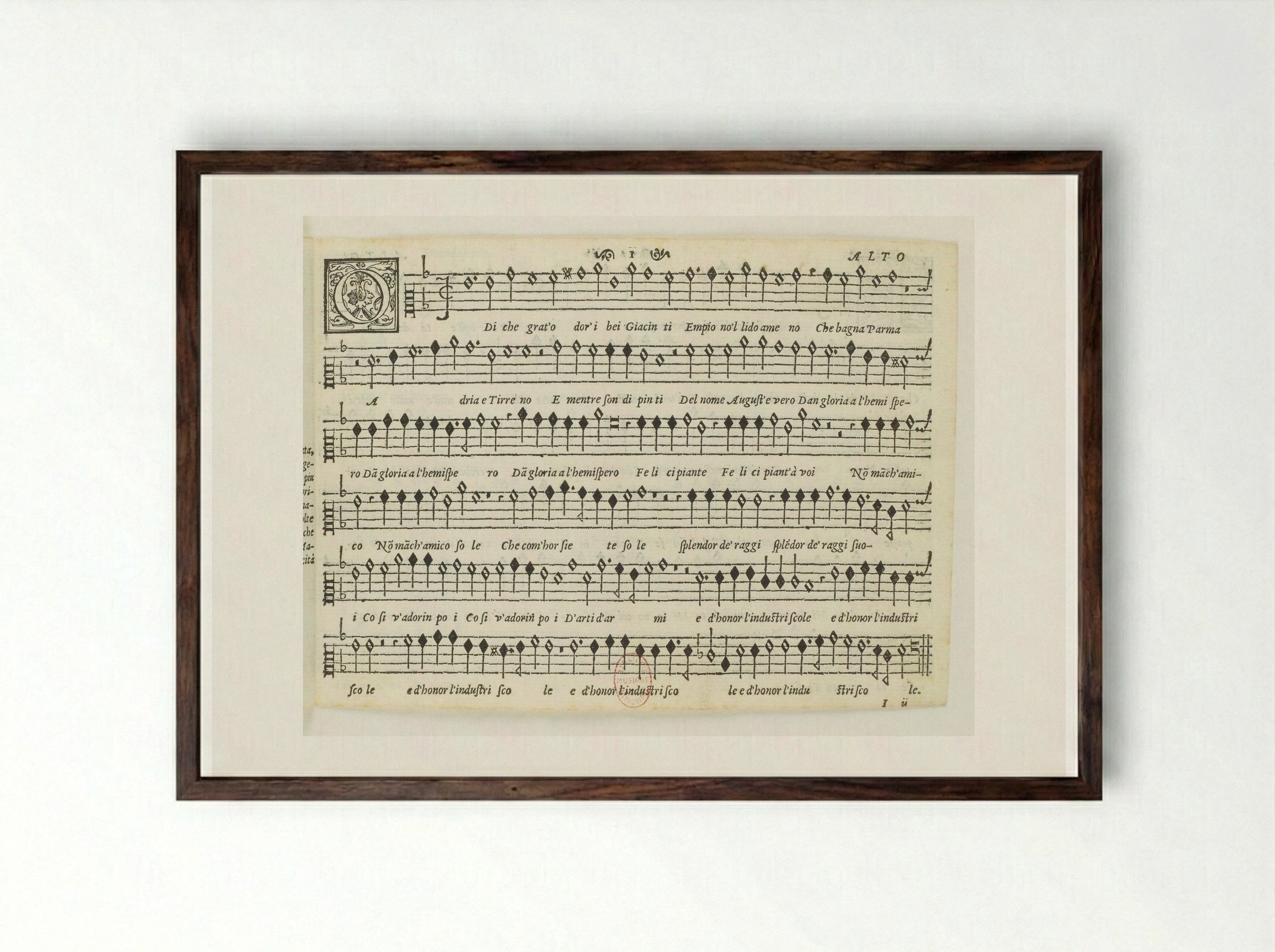 Untitled (Musical Score with Decorative Initial) - Fine Art Print - Framed Print Dark Wood