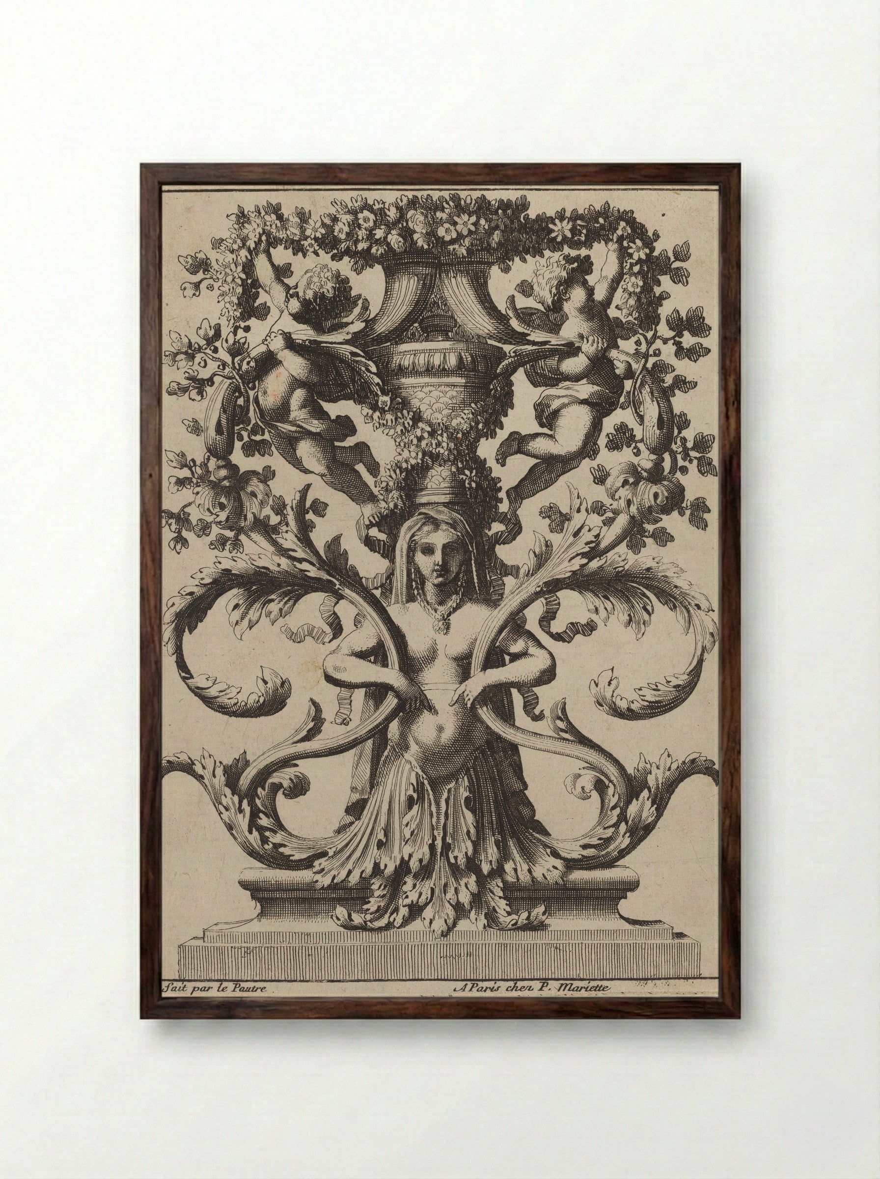 Untitled (Ornamental Design with Female Figure and Putti) - Jean Le Pautre - Framed Print Dark Wood