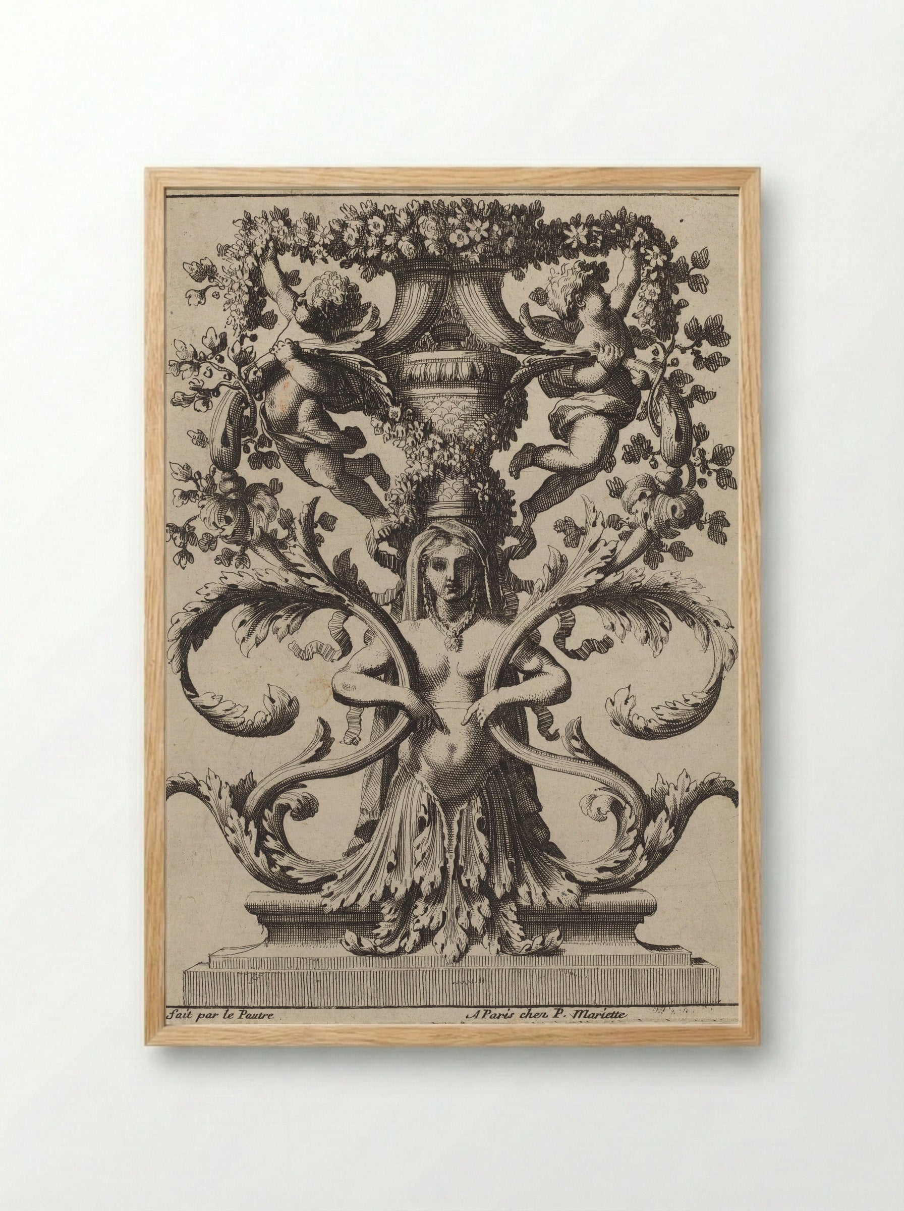 Untitled (Ornamental Design with Female Figure and Putti) - Jean Le Pautre - Framed Print Wood