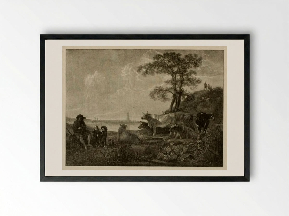 Untitled (Pastoral Scene with Cattle and Herdsman) - Timothy Cole - Framed Print Black