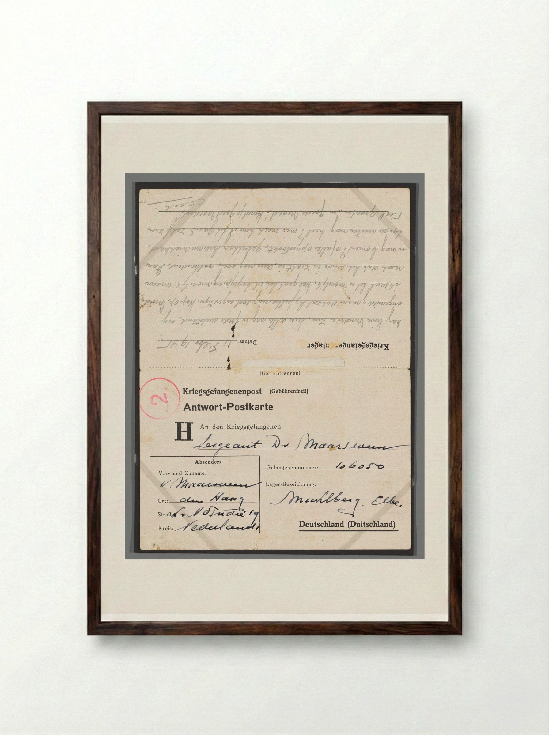 Untitled (Prisoner of War Correspondence Card) - Dick W.B. van Maarseveen - Framed Print Dark Wood