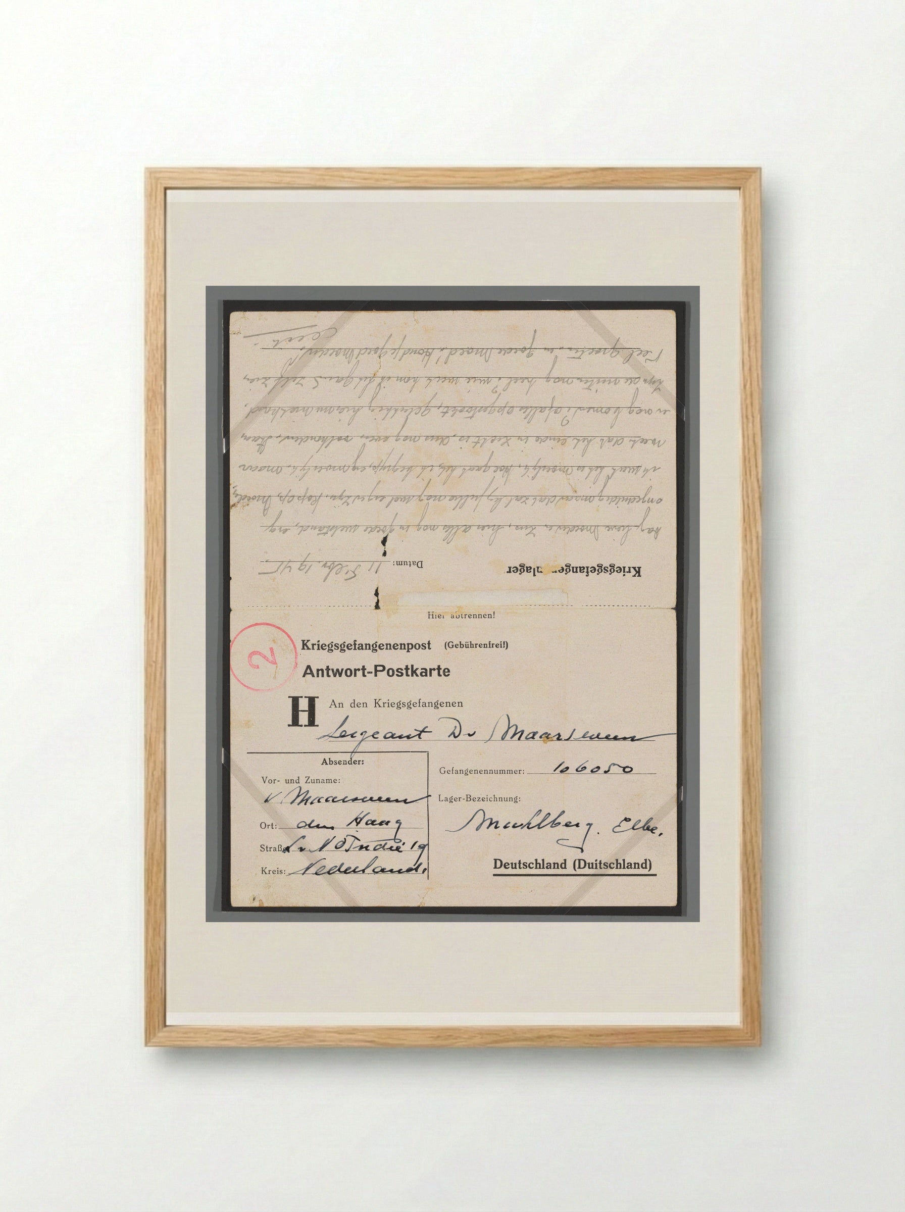 Untitled (Prisoner of War Correspondence Card) - Dick W.B. van Maarseveen - Framed Print Wood