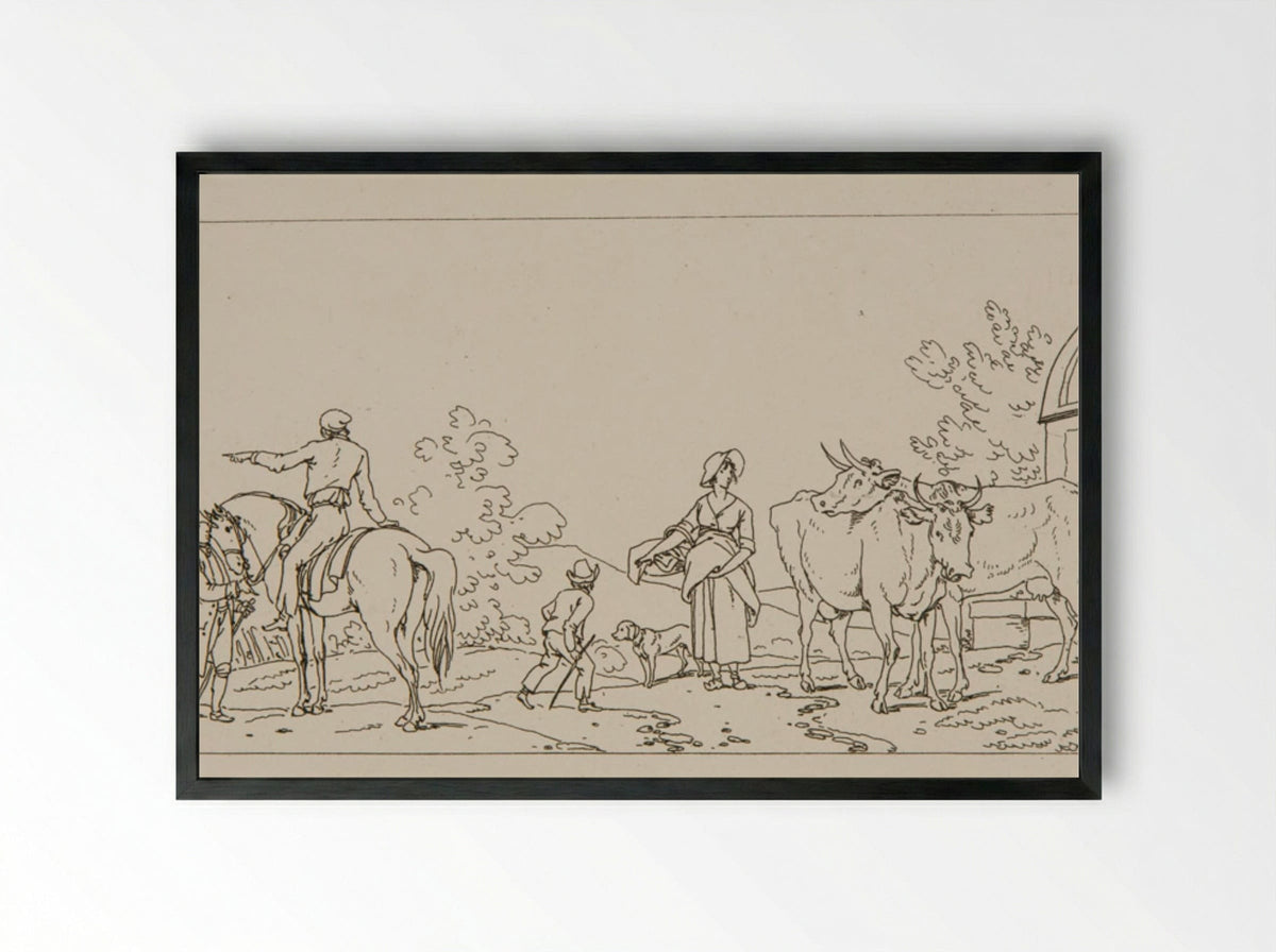 Untitled (Rural Scene with Cattle and Horseman) - Jacques-Francois-Joseph Swebach - Framed Print Black