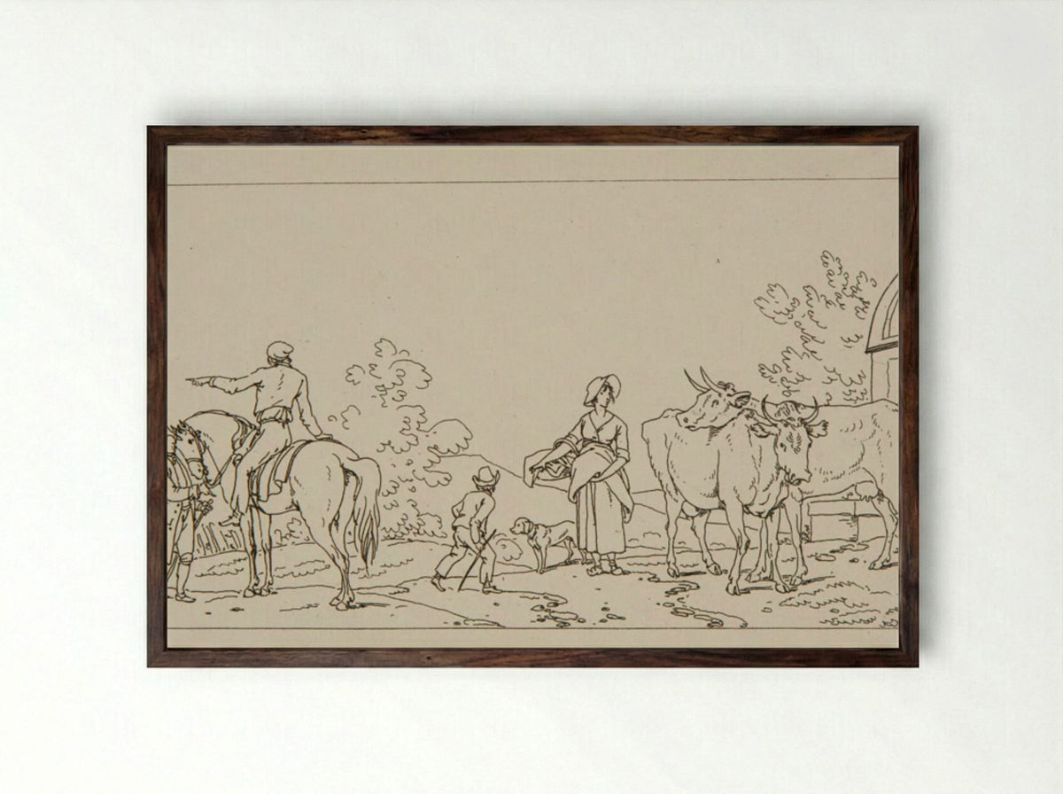 Untitled (Rural Scene with Cattle and Horseman) - Jacques-Francois-Joseph Swebach - Framed Print Dark Wood