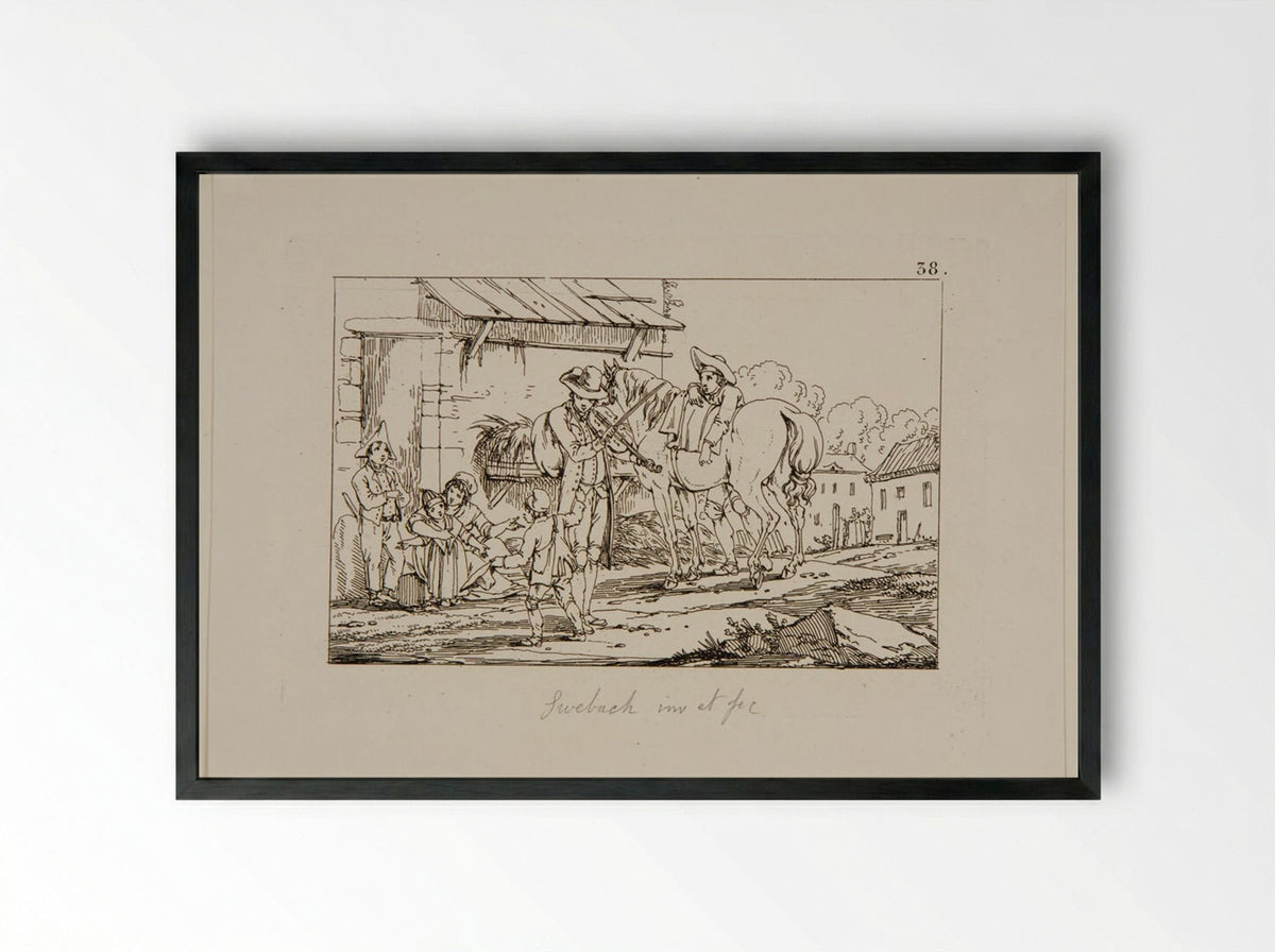 Untitled (Rural Scene with Horse and Figures) - Jacques-Francois-Joseph Swebach - Framed Print Black
