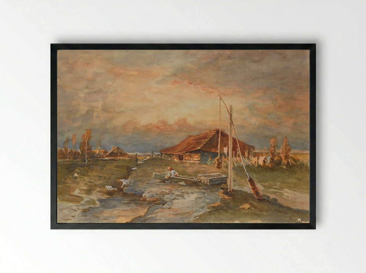 Untitled (Rural Scene with Well and Boat) - Julius Sergius von Klever - Framed Print Black
