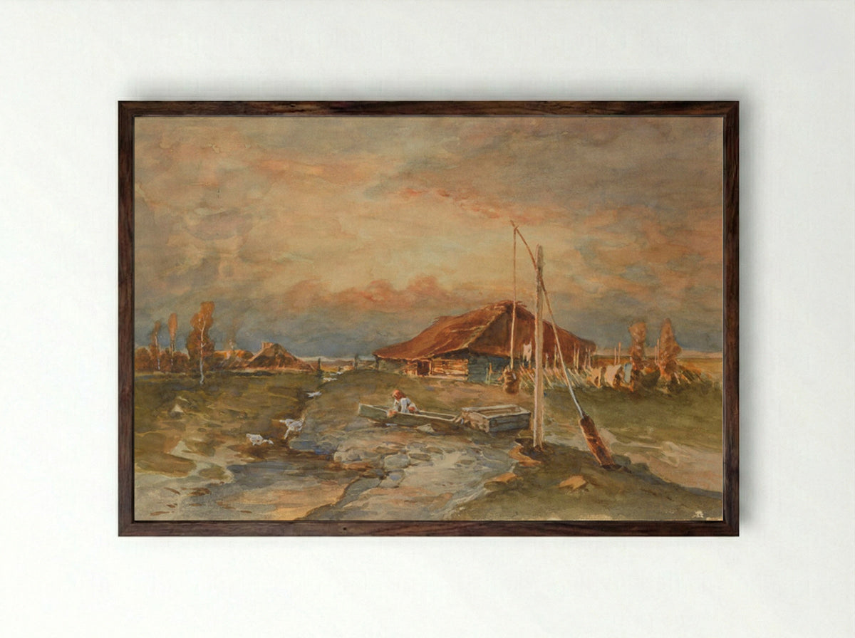 Untitled (Rural Scene with Well and Boat) - Julius Sergius von Klever - Framed Print Dark Wood