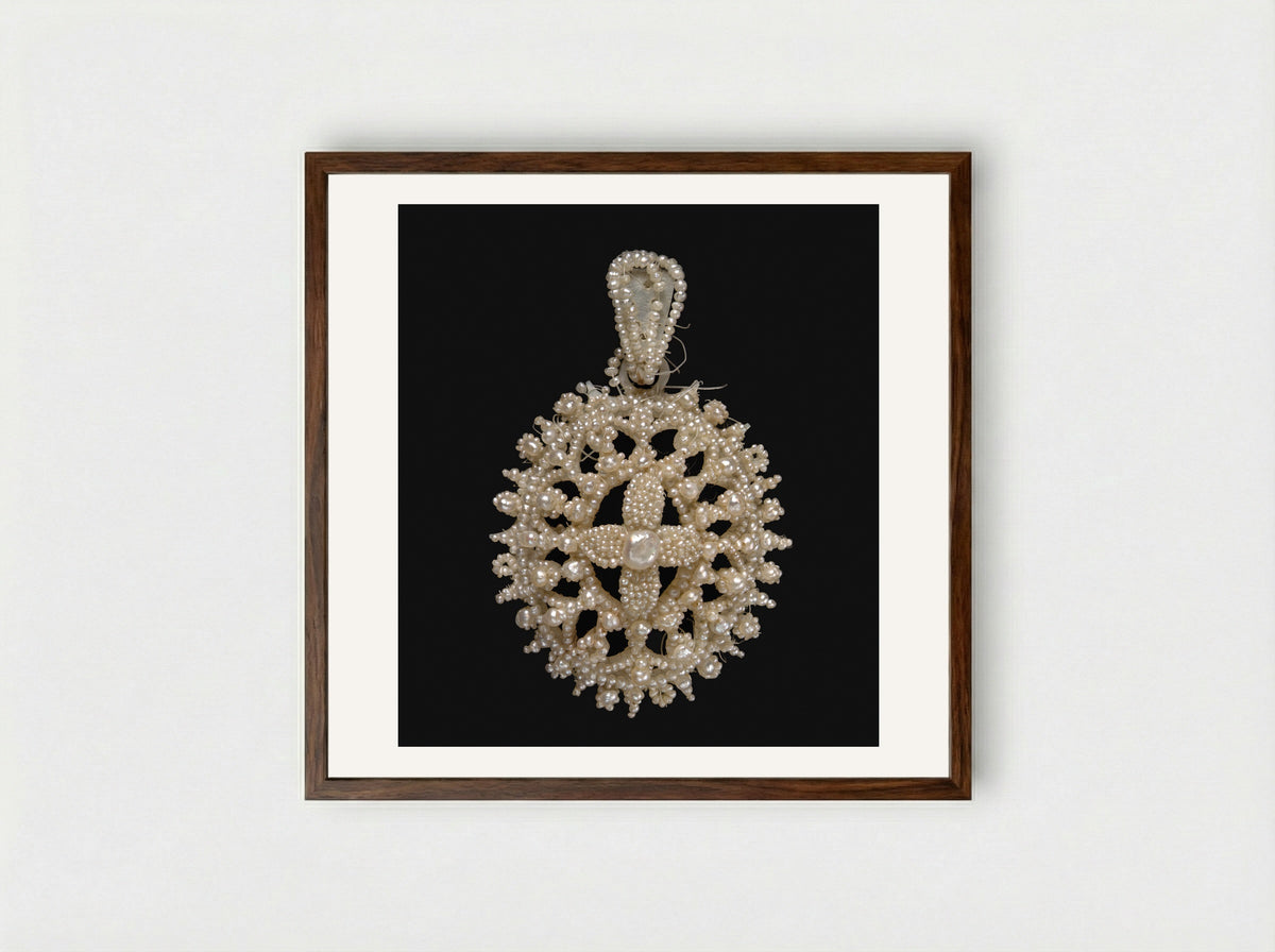 Untitled (Seed Pearl Pendant, Jewellery) - Fine Art Print - Framed Print Dark Wood