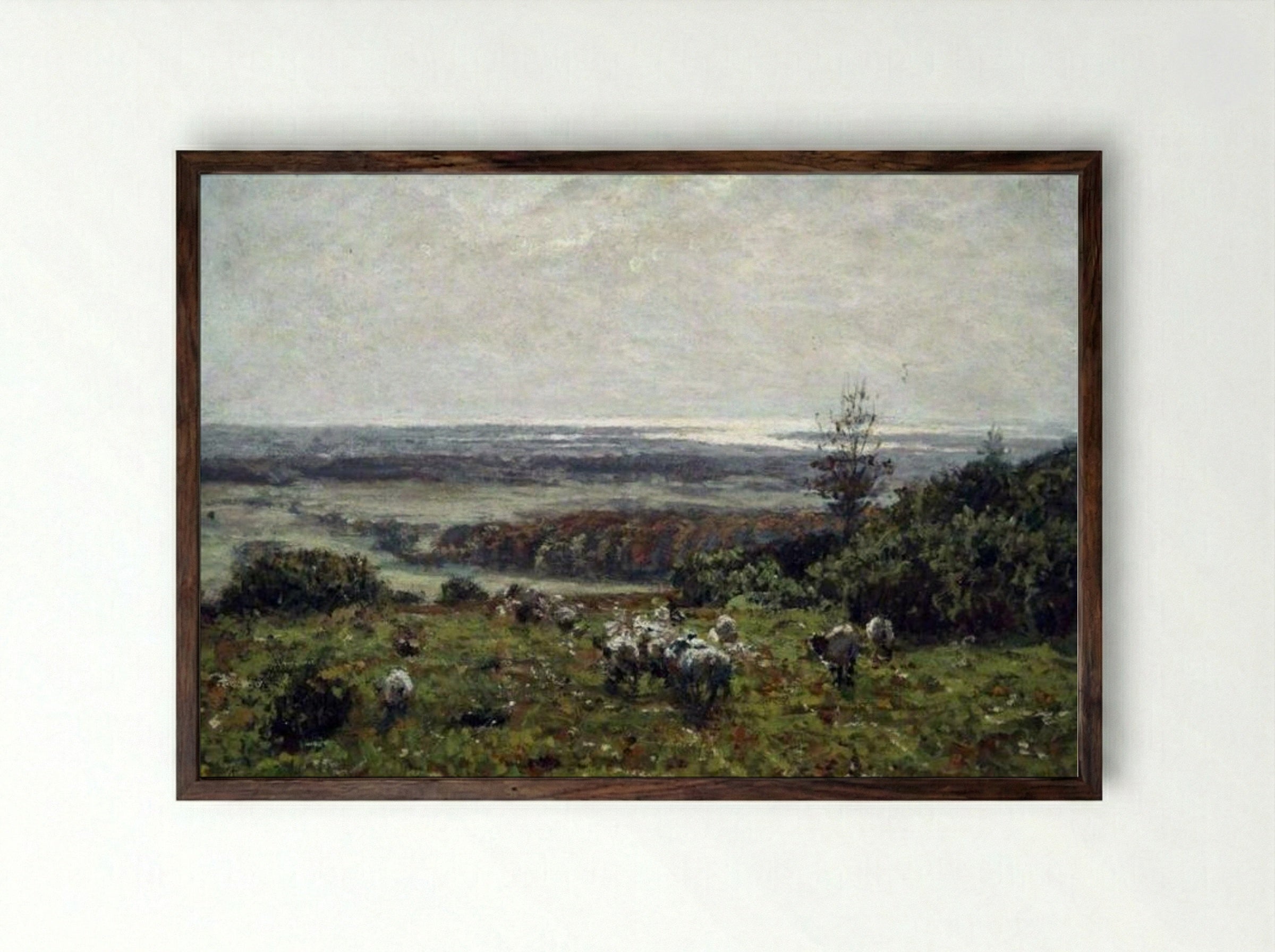 Untitled (Sheep Grazing on a Hillside) - James Charles - Framed Print Dark Wood