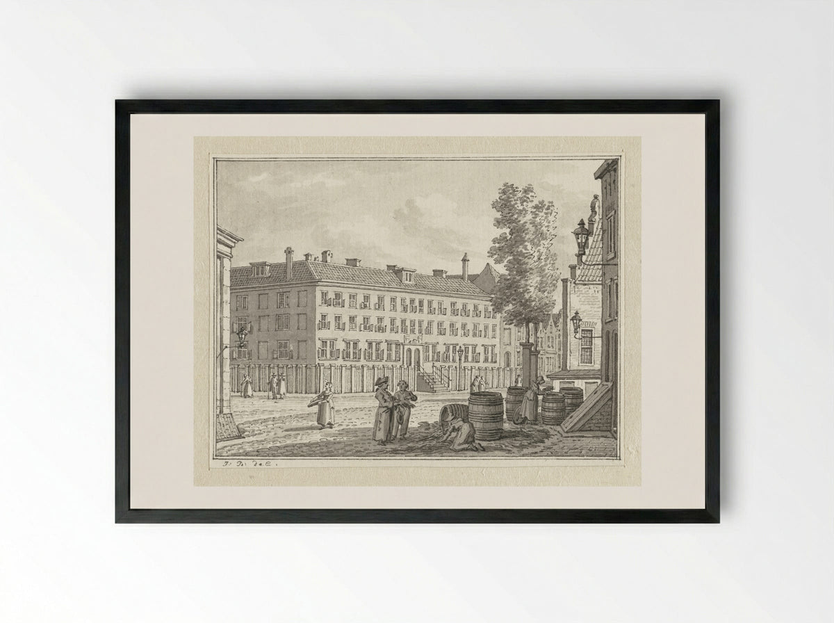 Untitled (Street Scene with Figures and Barrels) - Floris Croese - Framed Print Black