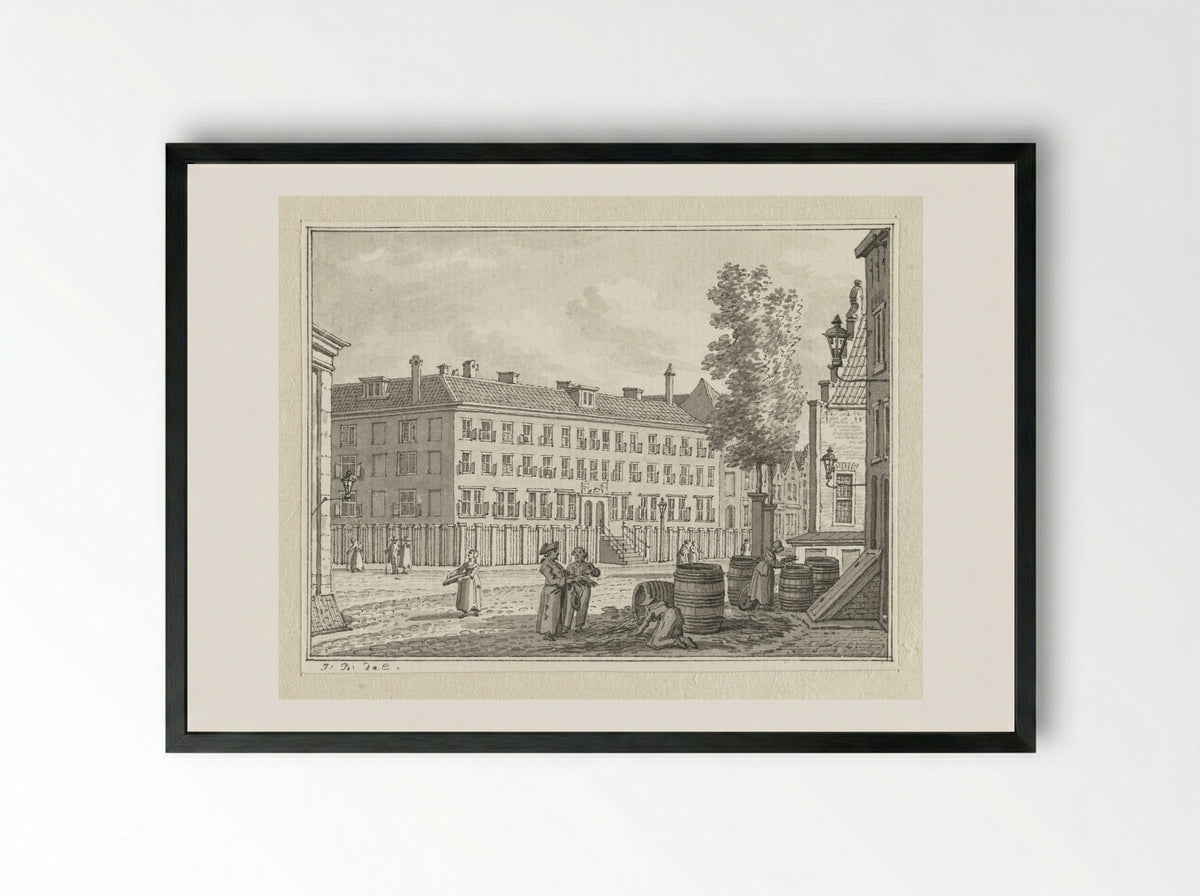 Untitled (Street Scene with Figures and Barrels) - Floris Croese - Framed Print Black