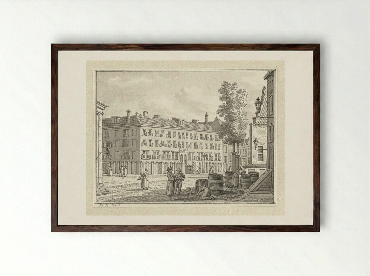 Untitled (Street Scene with Figures and Barrels) - Floris Croese - Framed Print Dark Wood