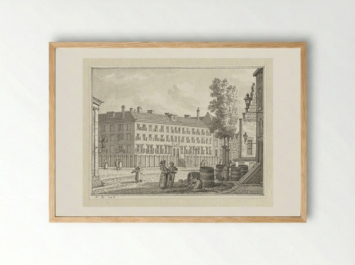 Untitled (Street Scene with Figures and Barrels) - Floris Croese - Framed Print Wood