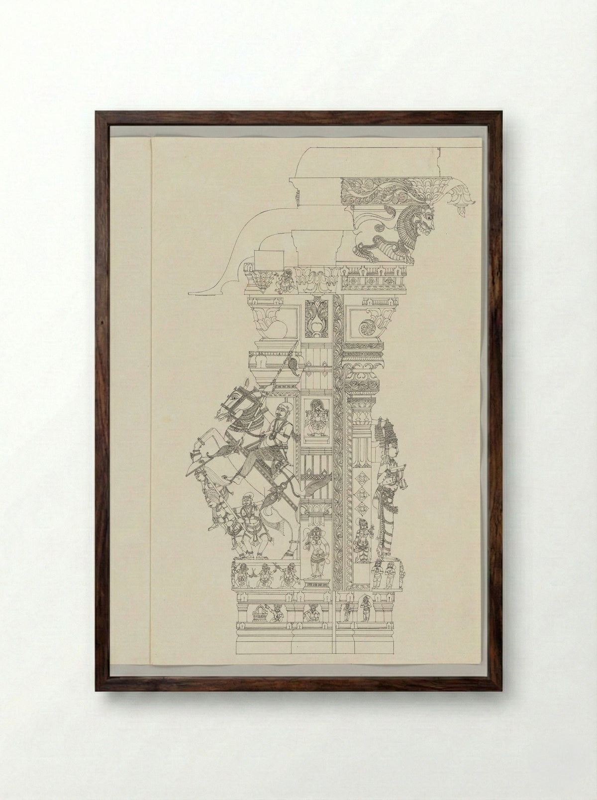 Untitled (Subramanya Equestrian Warrior, Architectural Drawing) - Fine Art Print - Framed Print Dark Wood