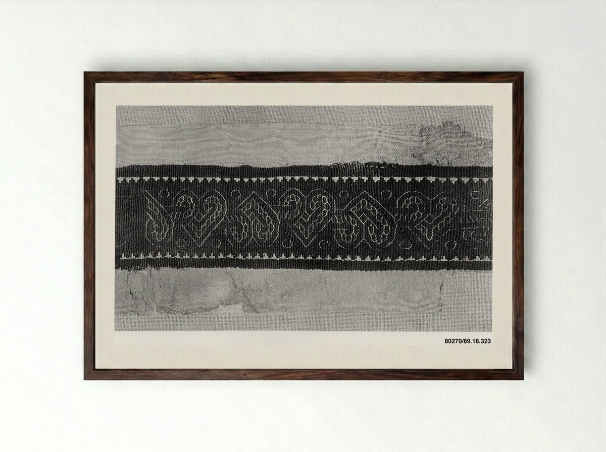 Untitled (Textile Fragment with Heart Motifs) - Fine Art Print - Framed Print Dark Wood
