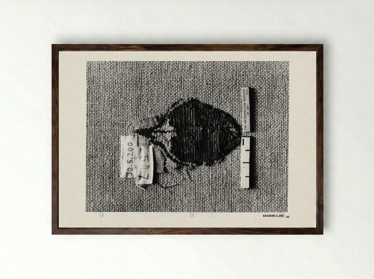 Untitled (Textile Fragment with Heart Motifs) - Fine Art Print - Framed Print Dark Wood
