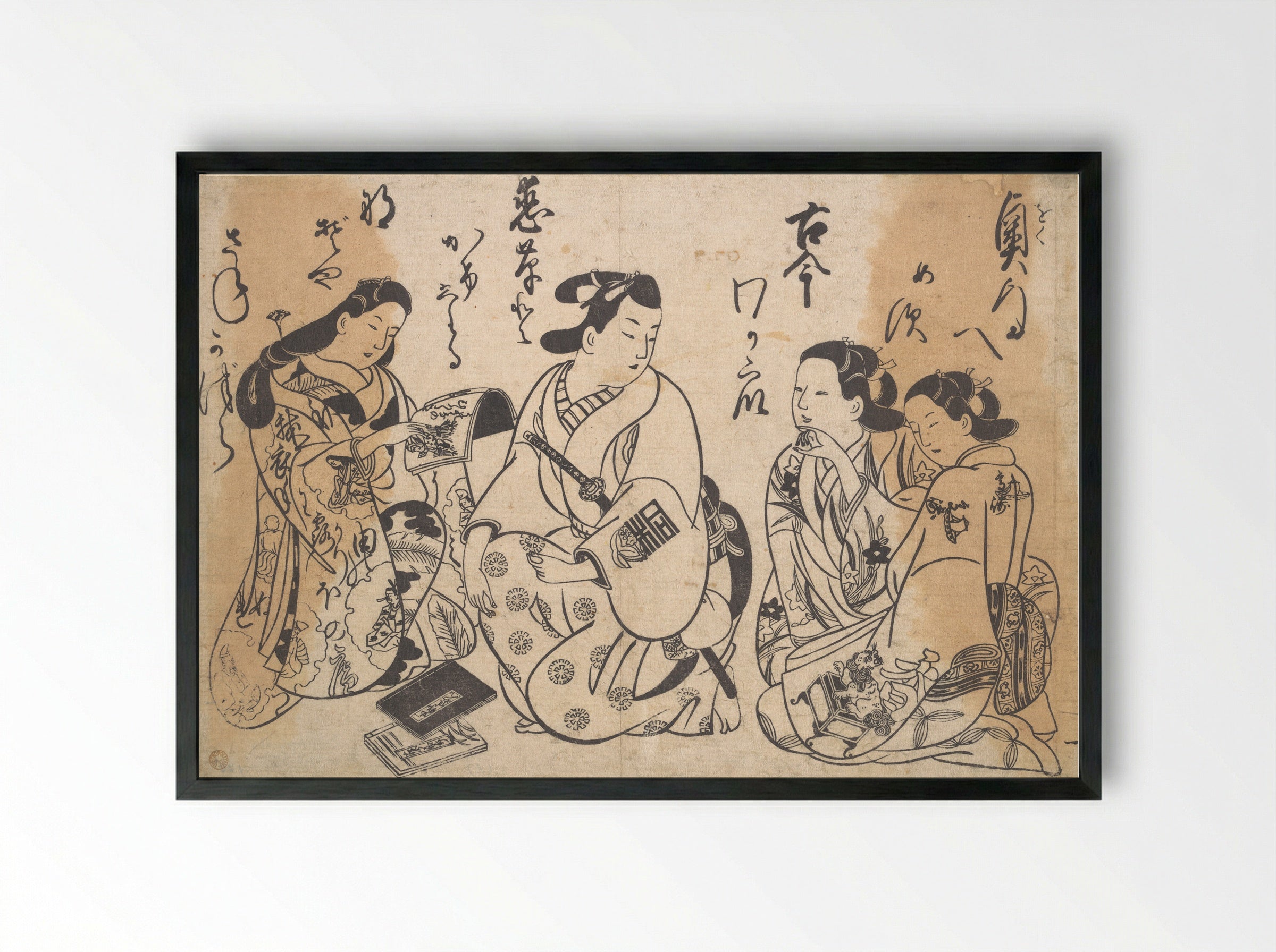 Untitled (Three Figures with Books) - Okumura Masanobu - Framed Print Black