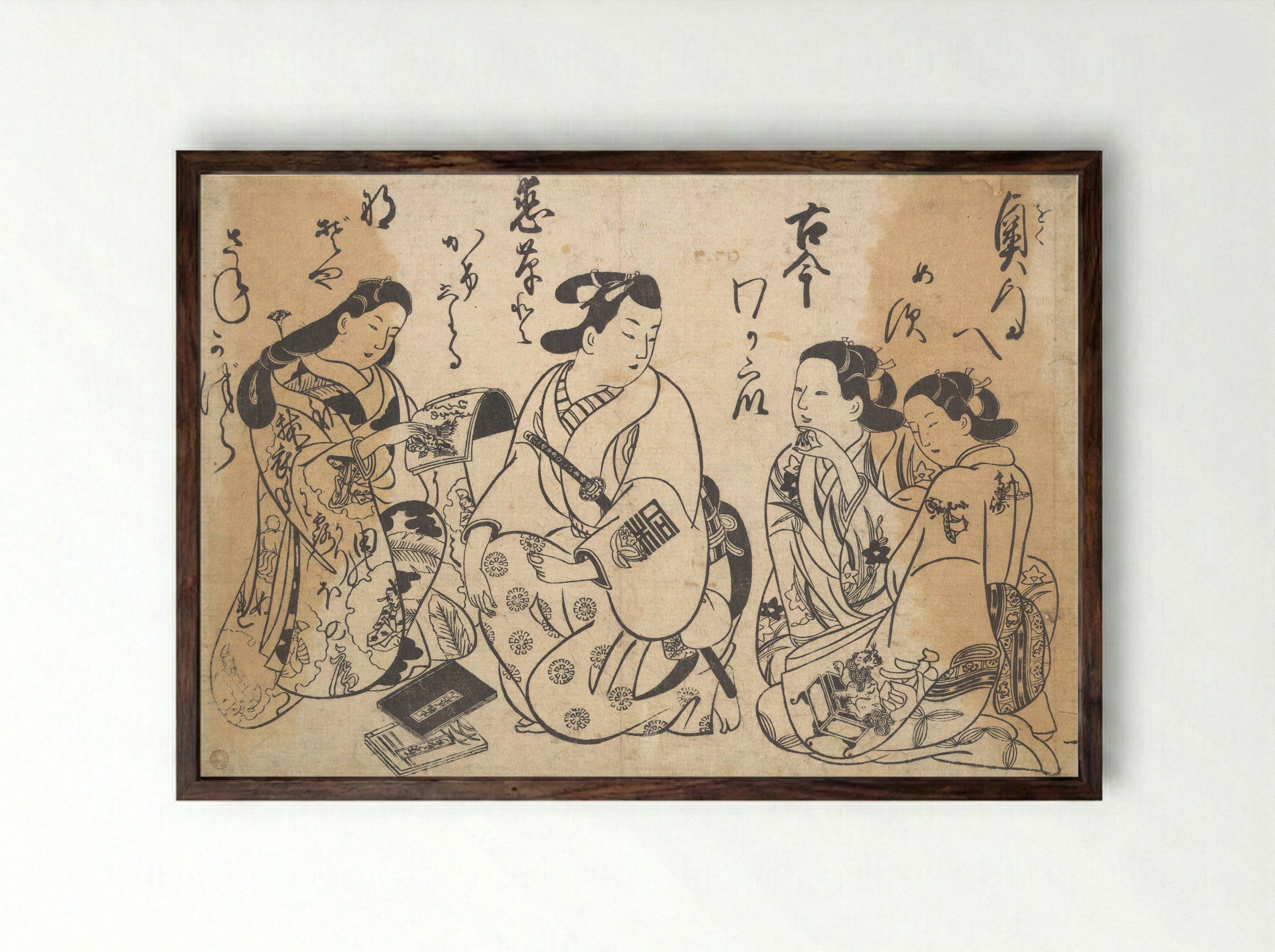 Untitled (Three Figures with Books) - Okumura Masanobu - Framed Print Dark Wood