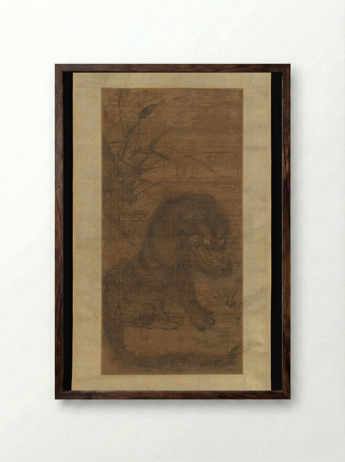Untitled (Tiger in Bamboo, Ink on Silk) - Fine Art Print - Framed Print Dark Wood